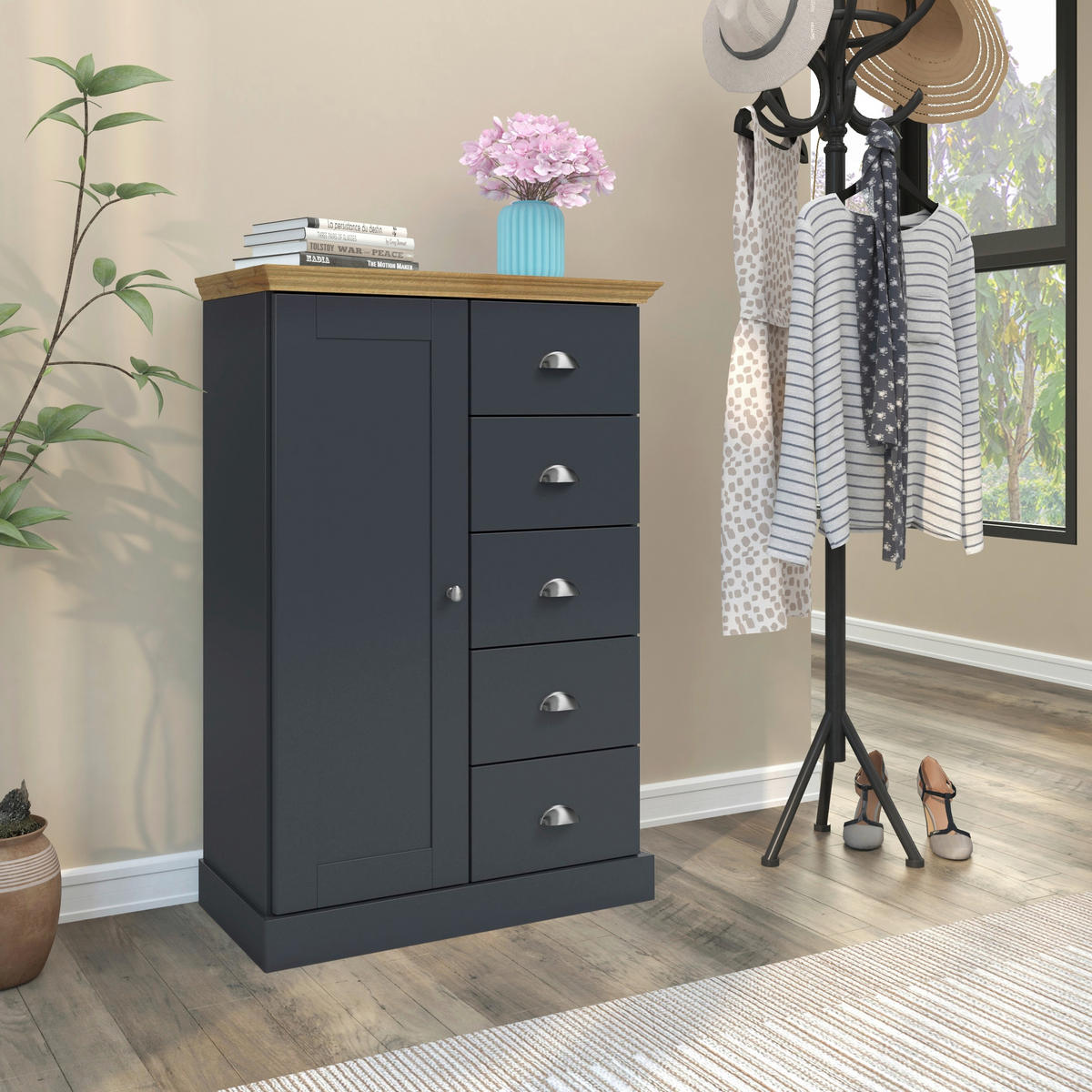 KOMMODE MURCIA, 75/110/35 cm, 5 Schublade(n)  - Eichefarben/Anthrazit, Design, Holzwerkstoff/Metall (75/110/35cm) - Livetastic