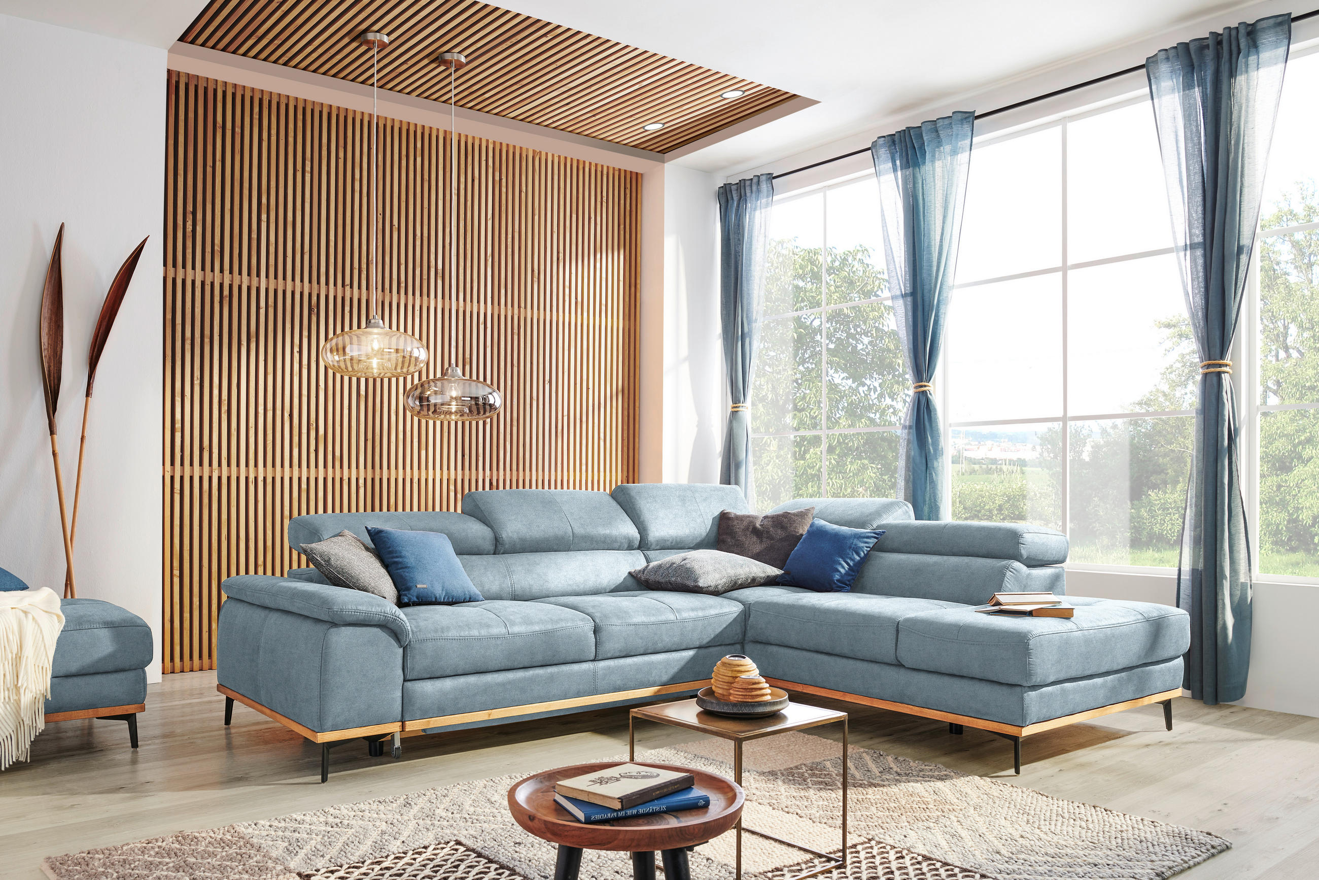 ECKSOFA SCARLETT -EXKLUSIV- - Schwarz/Hellblau, Natur, Holz/Textil (282/226cm) - Novel
