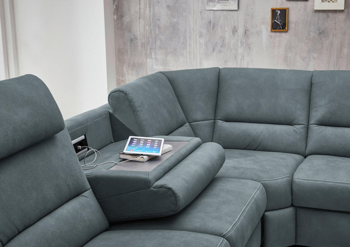 WOHNLANDSCHAFT  in Mikrofaser Blaugrau  - Blaugrau/Alufarben, KONVENTIONELL, Textil/Metall (262/335/173cm) - Beldomo System