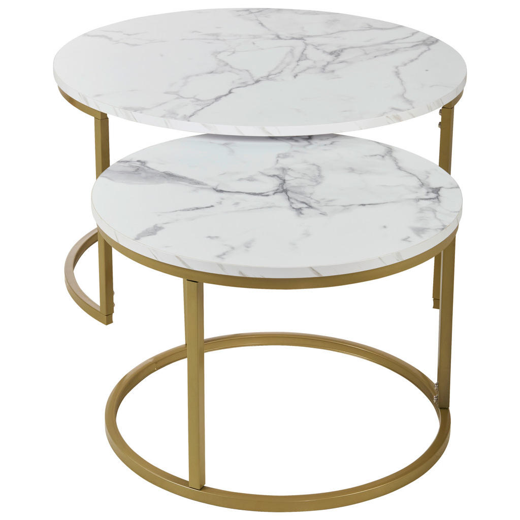 Thumbnail - home24 Couchtischset, Weiß, Gold, Metall, Holzwerkstoff, 2-teilig, Marmoroptik, rund, C-Form, rund, 60-80x42-45x60-80 cm...