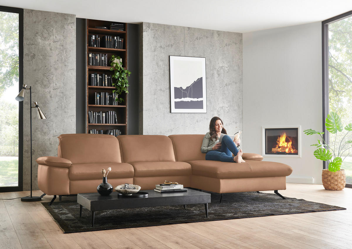 ECKSOFA  Echtleder Hellbraun  - Hellbraun/Schwarz, Design, Leder/Metall (307/169cm) - Beldomo Premium