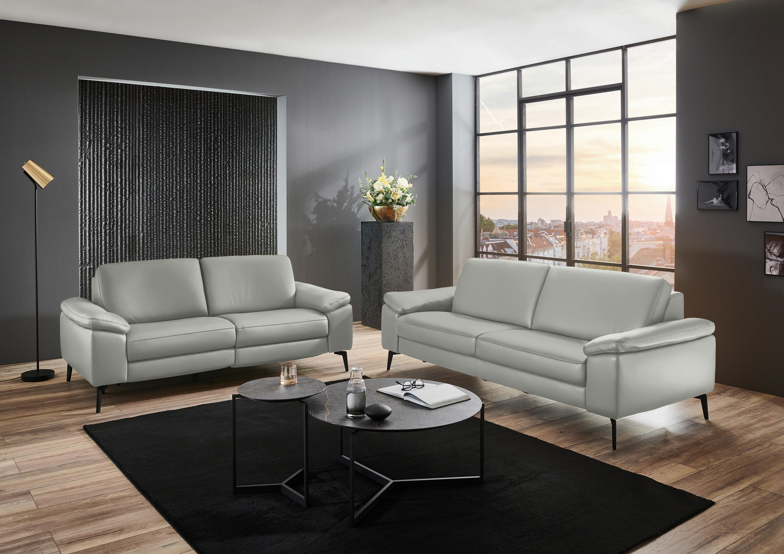 3-SITZER-SOFA in Leder Hellgrau  - Hellgrau/Schwarz, Design, Leder/Metall (224/88/100cm) - Valdera