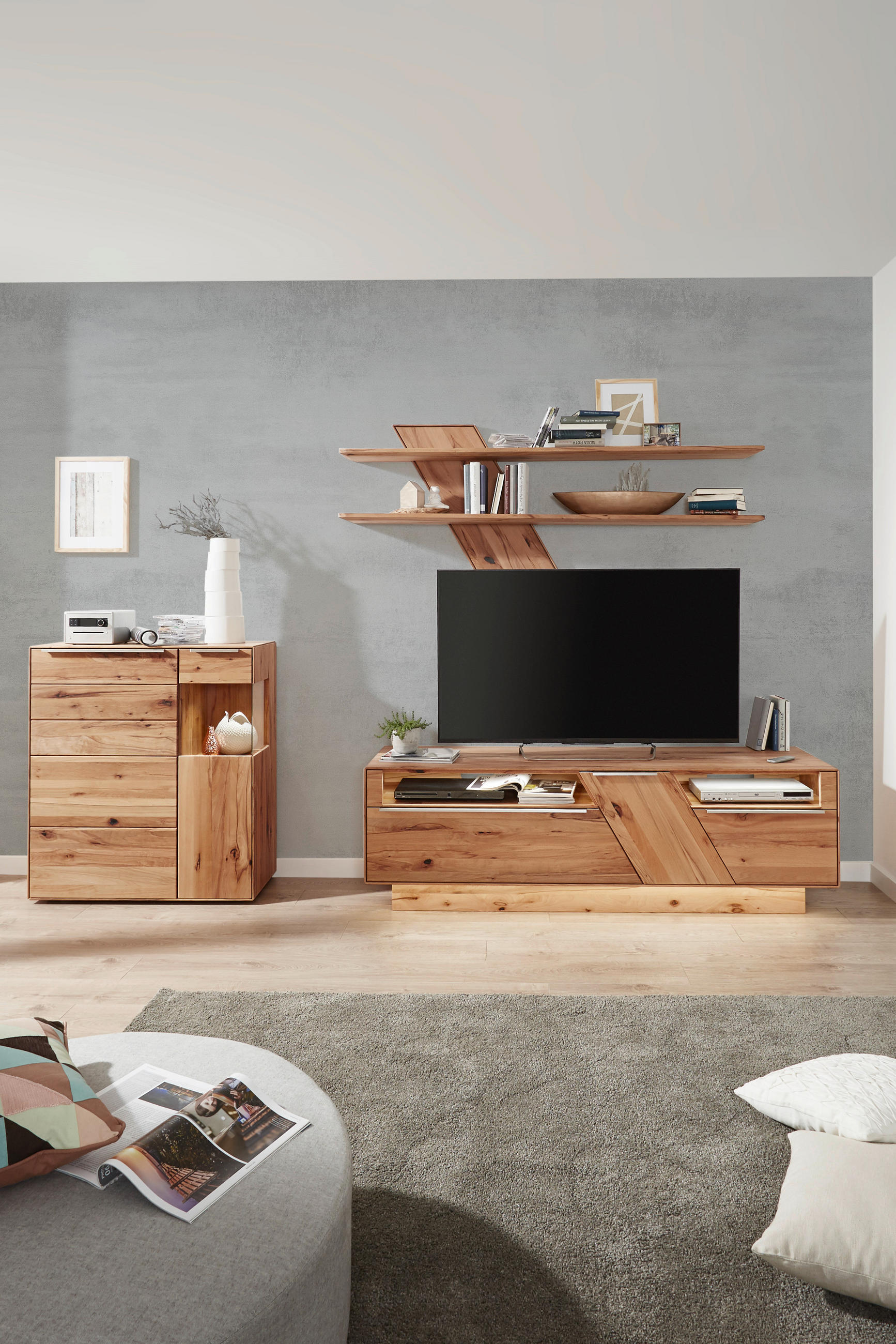 WOHNWAND Sonia  in Buchefarben  304/200/53,7 cm  - Edelstahlfarben/Buchefarben, Design, Glas/Holz (304/200/53,7cm) - Valnatura