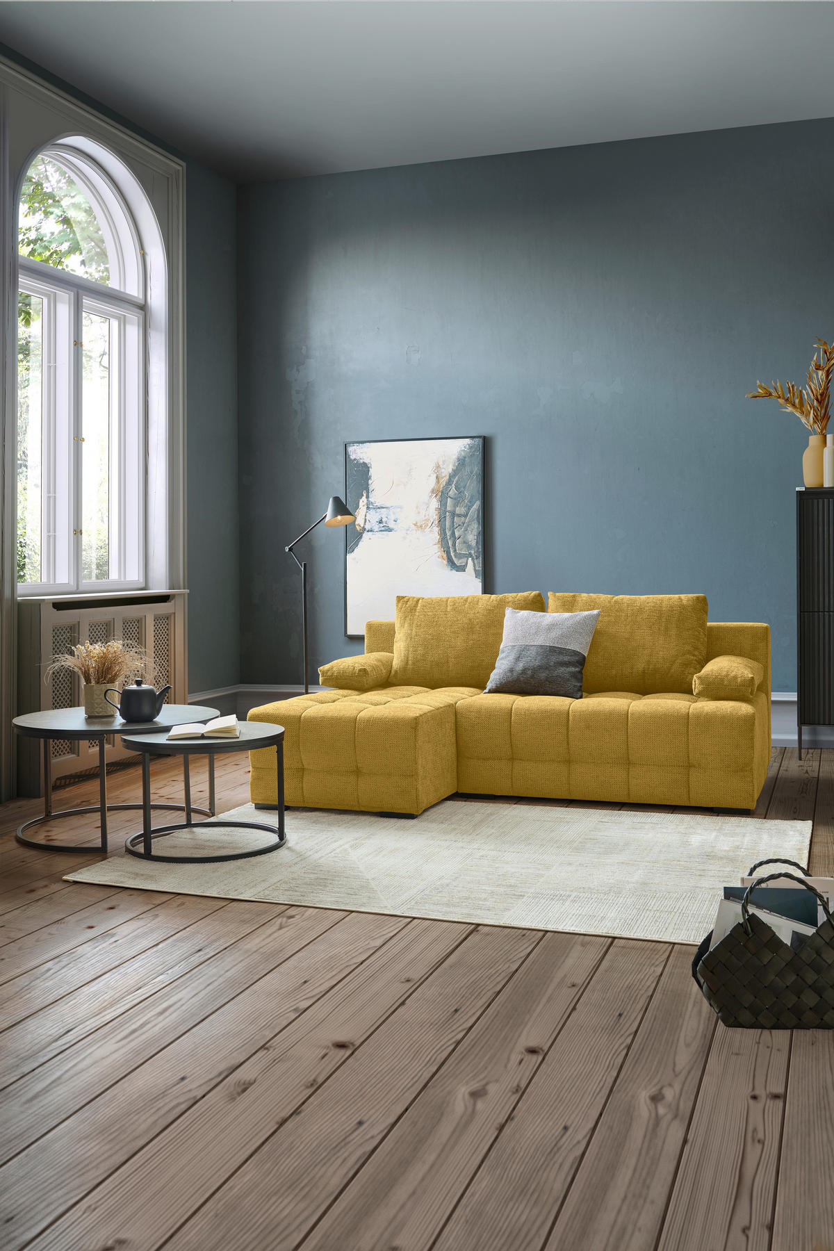 ECKSOFA Senfgelb Chenille  - Senfgelb/Schwarz, MODERN, Kunststoff/Textil (145/204cm) - home24
