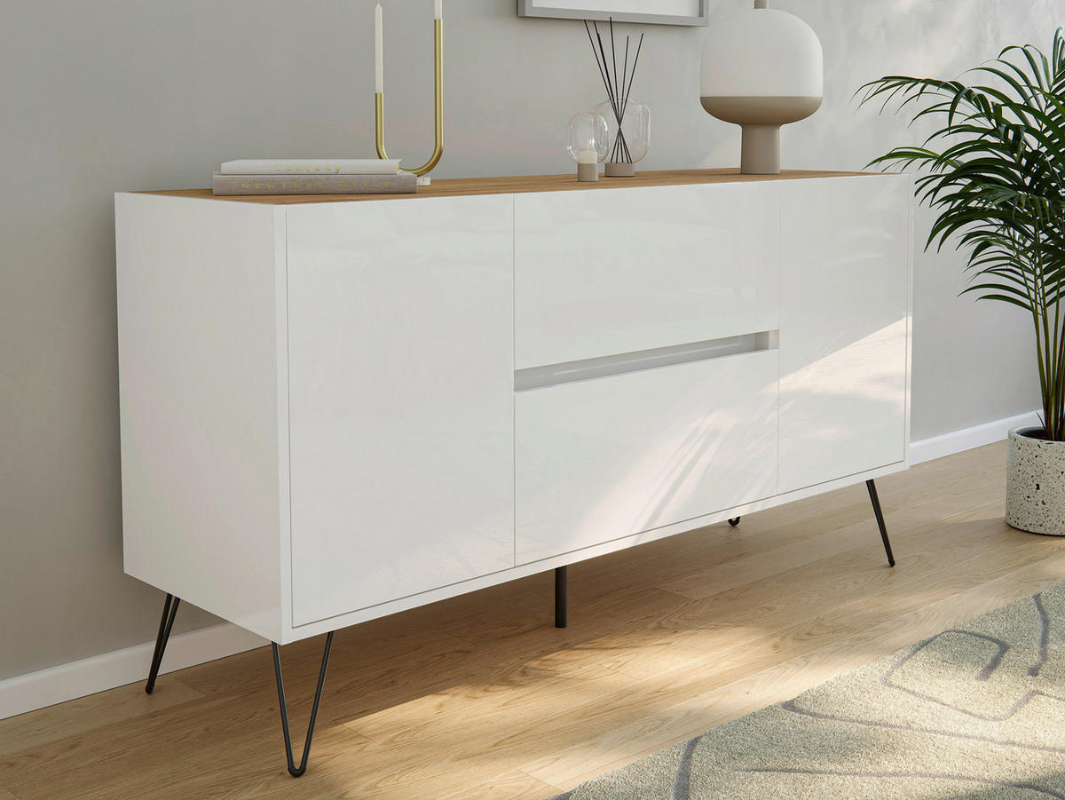 SIDEBOARD Posseik Industrial 139/75,8/42 cm 2 Schublade(n)  - Weiß Hochglanz/Eichefarben, Design, Holzwerkstoff/Metall (139/75,8/42cm) - MID.YOU