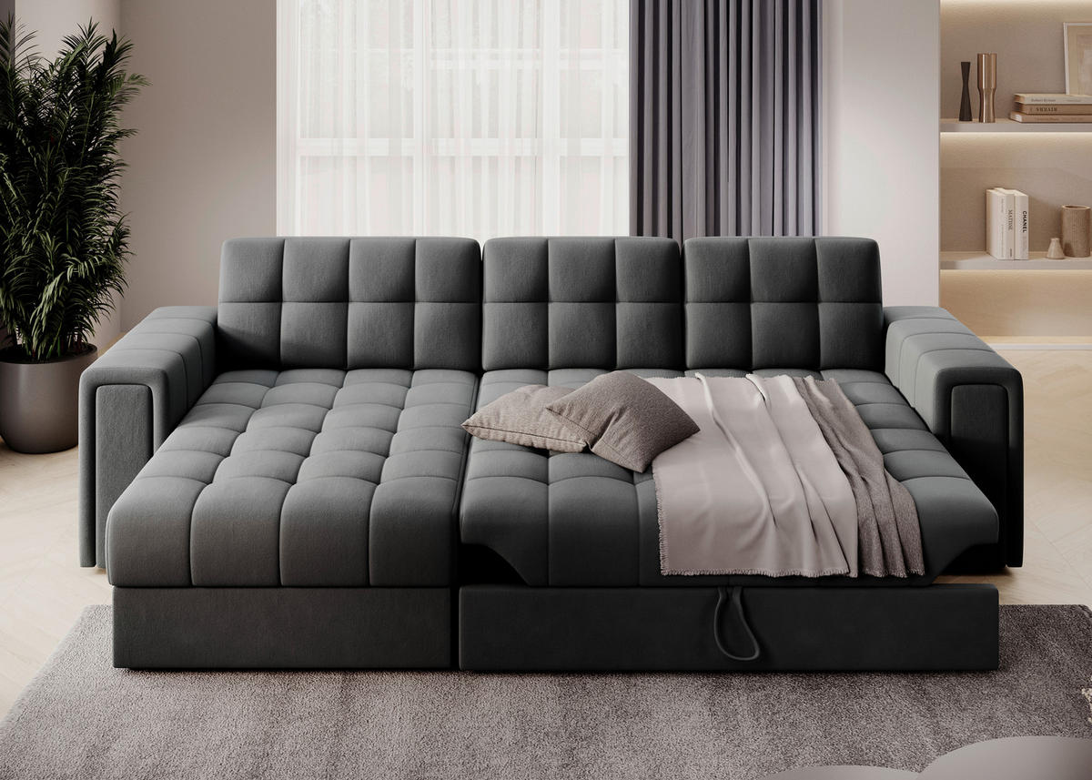 ECKSOFA Plüsch Dunkelgrau  - Dunkelgrau, Design, Kunststoff/Textil (260/150cm) - MID.YOU