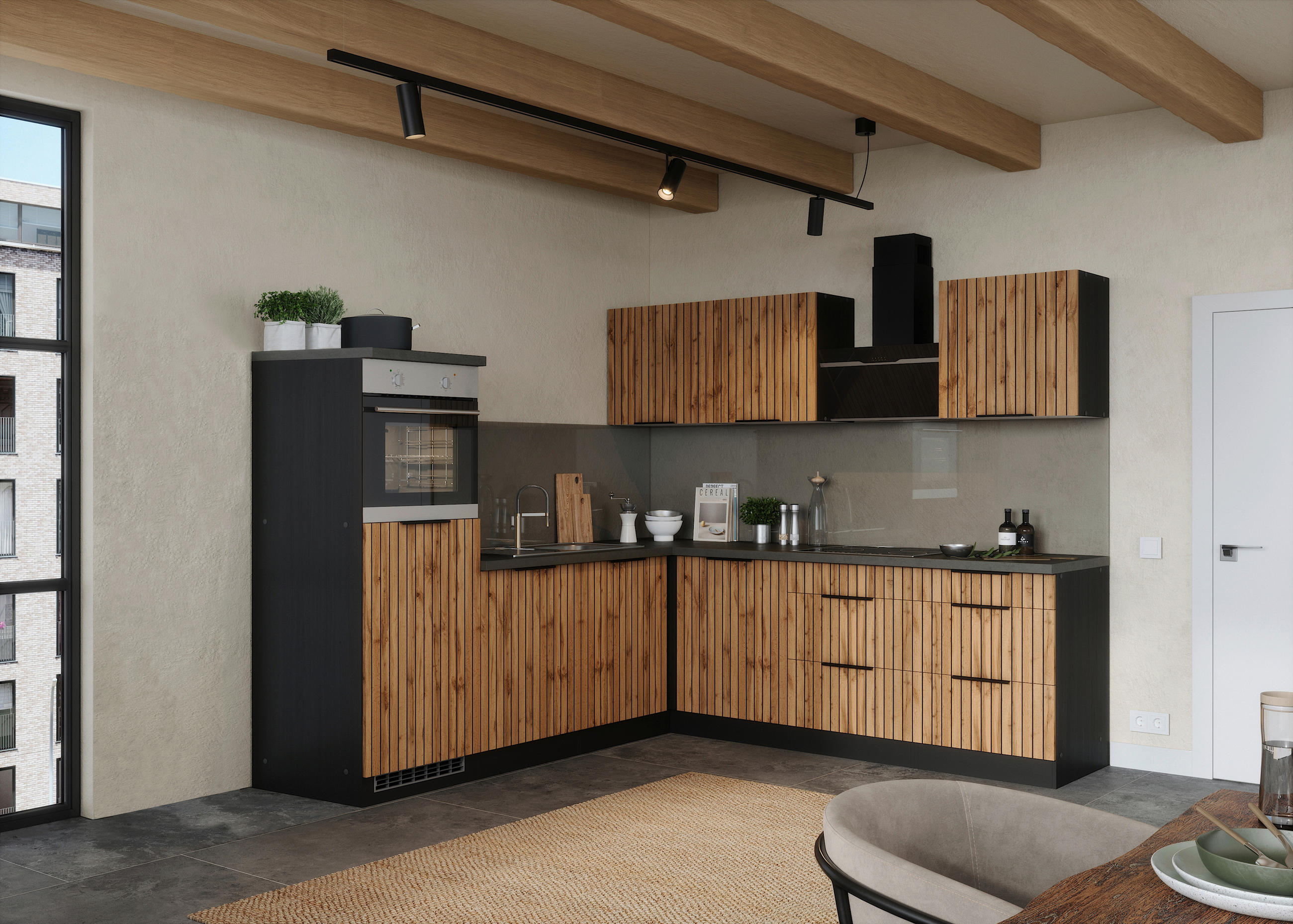 ECKKÜCHE 240/240 cm  in Graphitfarben, Schwarz  - Schieferfarben/Eiche Wotan, Basics, Holzwerkstoff/Metall (240/240cm) - Held