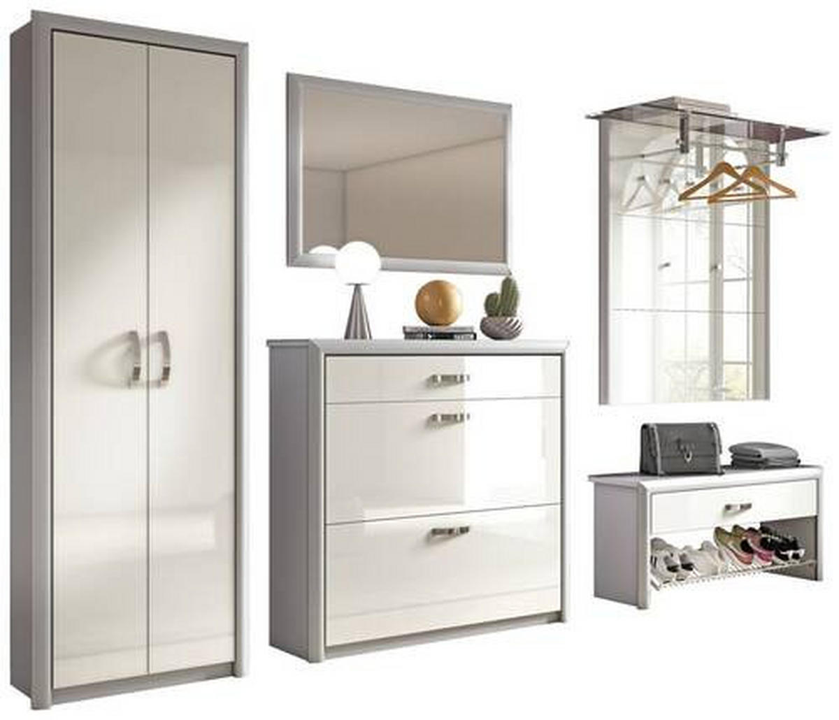 GARDEROBE 5-teilig  in 320/195/36 cm  - Alufarben/Weiß, Design, Glas/Holzwerkstoff (320/195/36cm) - Dieter Knoll