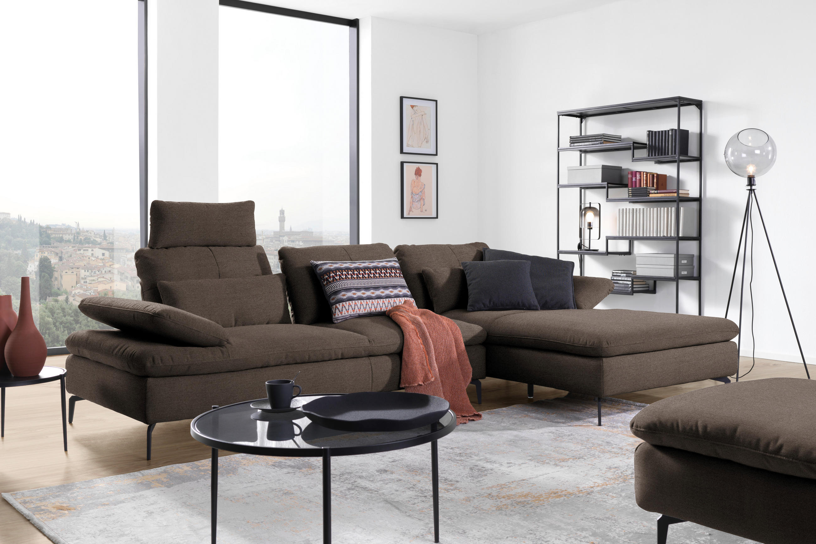 ECKSOFA in Webstoff Dunkelbraun  - Dunkelbraun/Schwarz, Design, Textil/Metall (301/179cm) - Chilliano