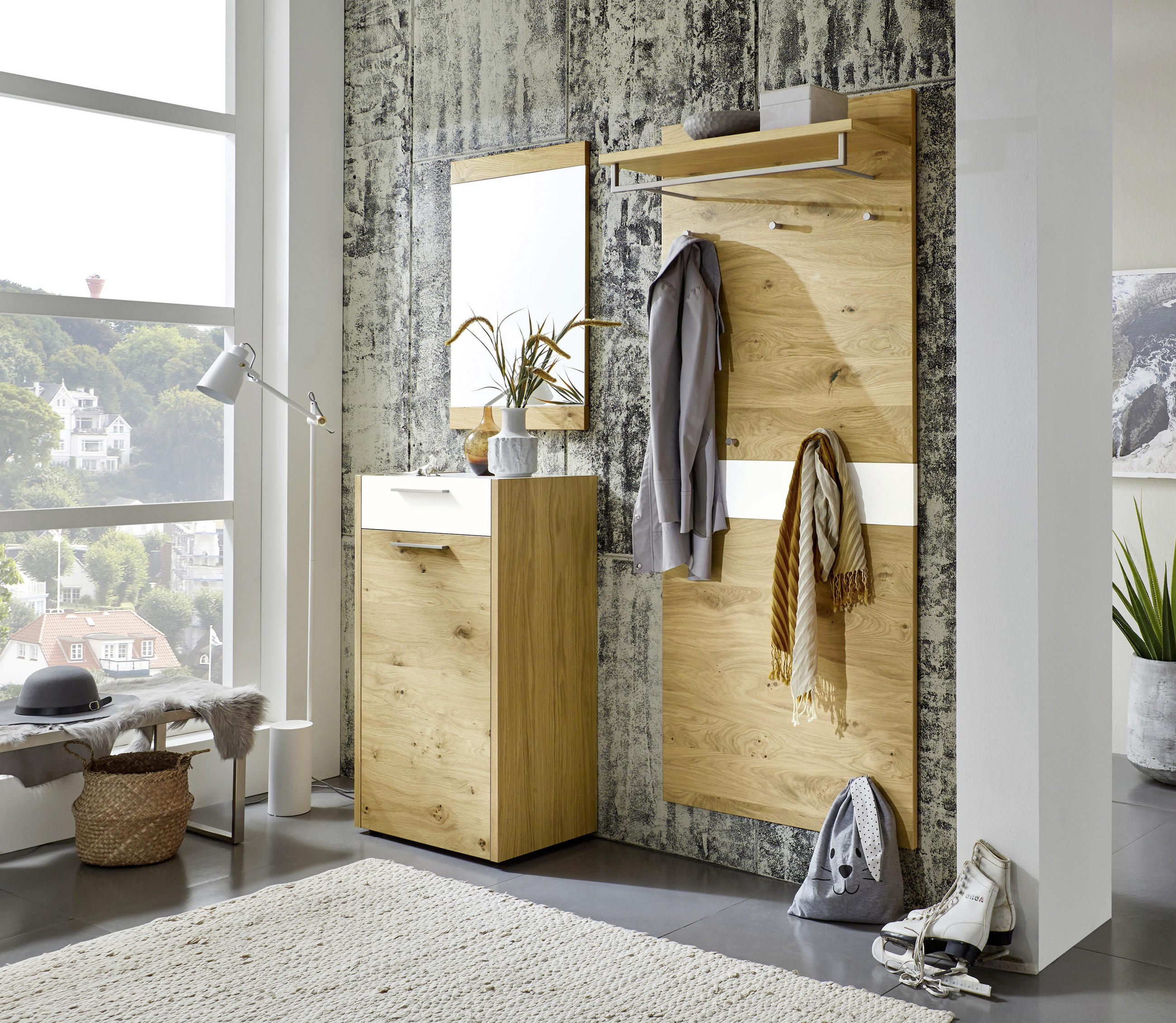 GARDEROBE Weiß, Eichefarben - Eichefarben/Weiß, Design, Glas/Holz (150/195/37cm)