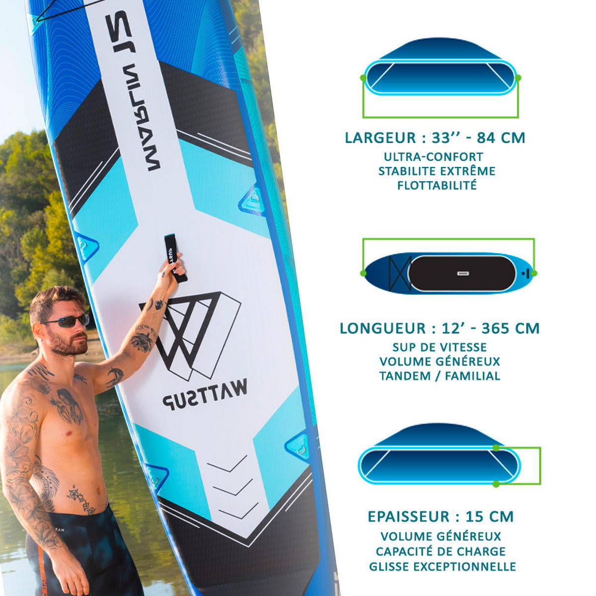 STAND-UP PADDLE BOARD WATTSUP MARLIN 12  - Blau/Schwarz, Basics, Kunststoff (365/15/81cm)
