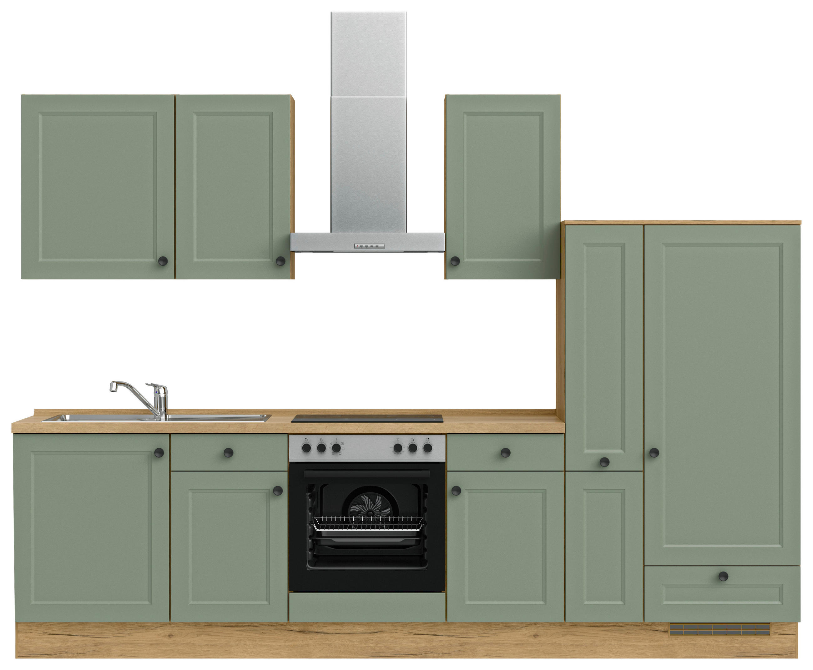 Bucătărie Fără Electrocasnice  - verde/culoare lemn stejar, Modern, metal/material pe bază de lemn (300cm) - Nobilia