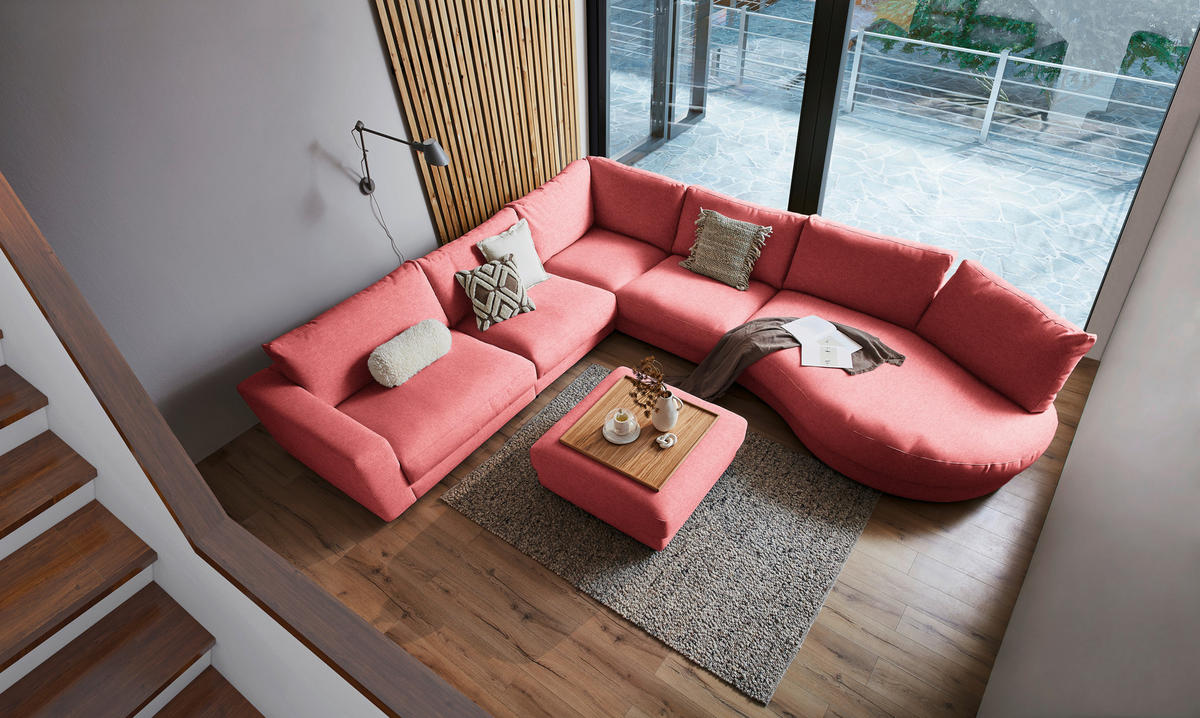 ECKSOFA in Flachgewebe Koralle  - Koralle/Schwarz, Design, Kunststoff/Textil (365/425cm) - Lomoco