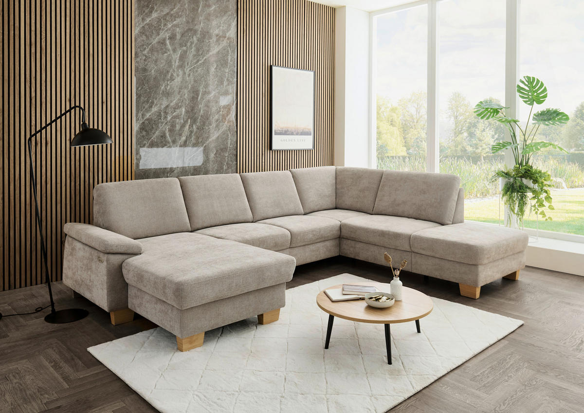 WOHNLANDSCHAFT Beldomo System in Flachgewebe Beige  - Eichefarben/Beige, KONVENTIONELL, Holz/Textil (167/316/235cm) - Beldomo System