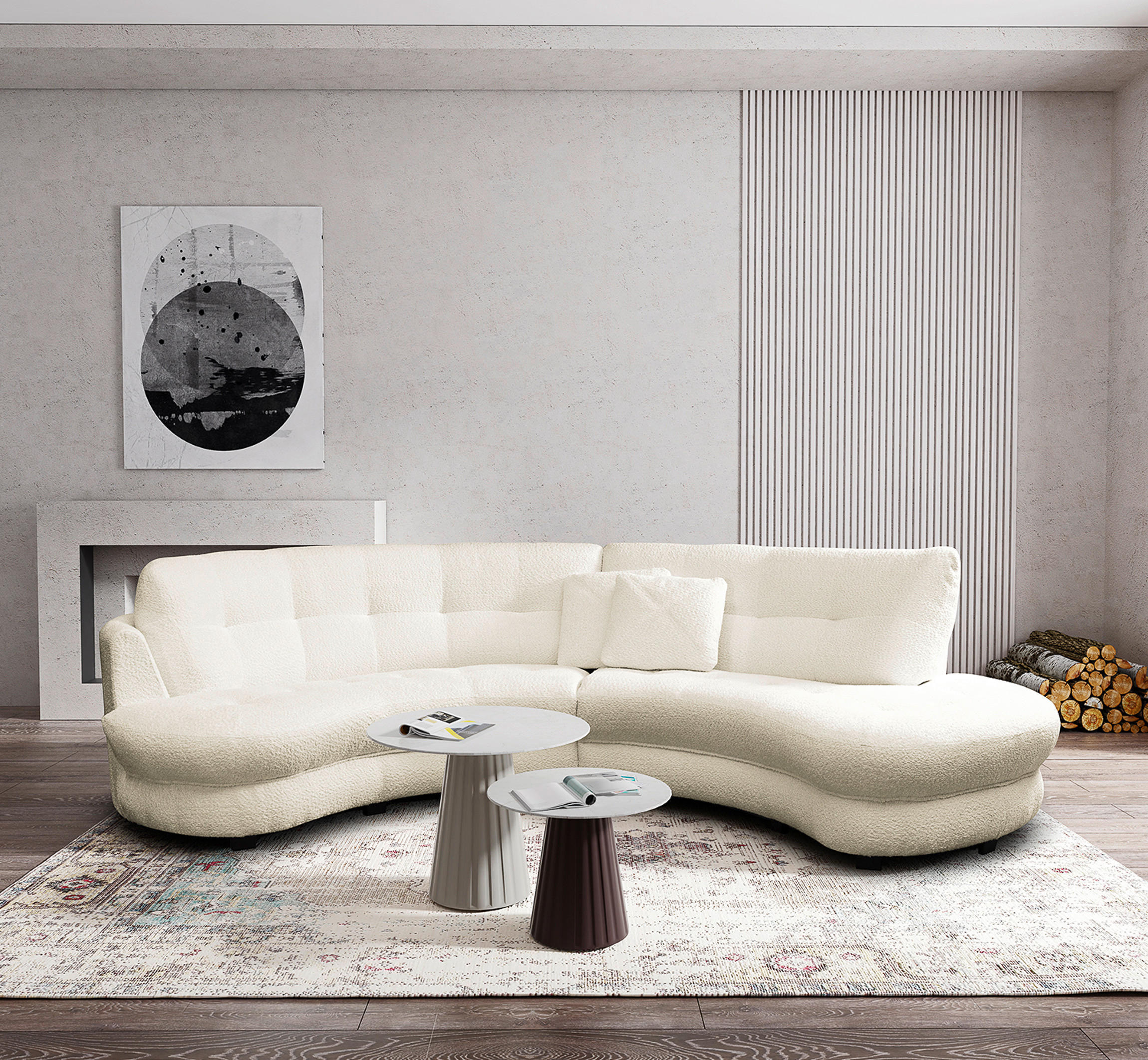 ECKSOFA Rundform  Weiß Bouclé  - Schwarz/Weiß, Design, Kunststoff/Textil (300/113cm) - Livetastic