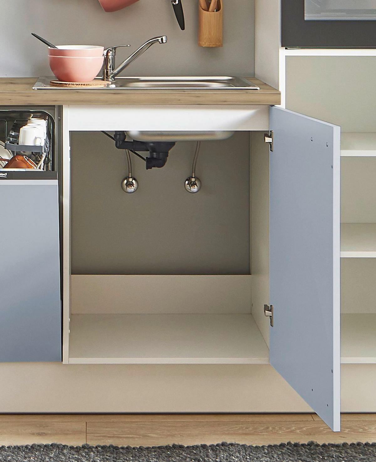 KÜCHENBLOCK PN 105 280 cm  in Eichefarben, Kaschmir, Pastellblau  - Kaschmir/Edelstahlfarben, Design, Holzwerkstoff/Metall (280cm) - Pino