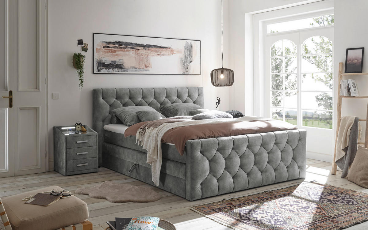 BOXSPRINGBETT 180/200 cm  in Grau  - Grau, MODERN, Holzwerkstoff/Kunststoff (180/200cm) - MID.YOU