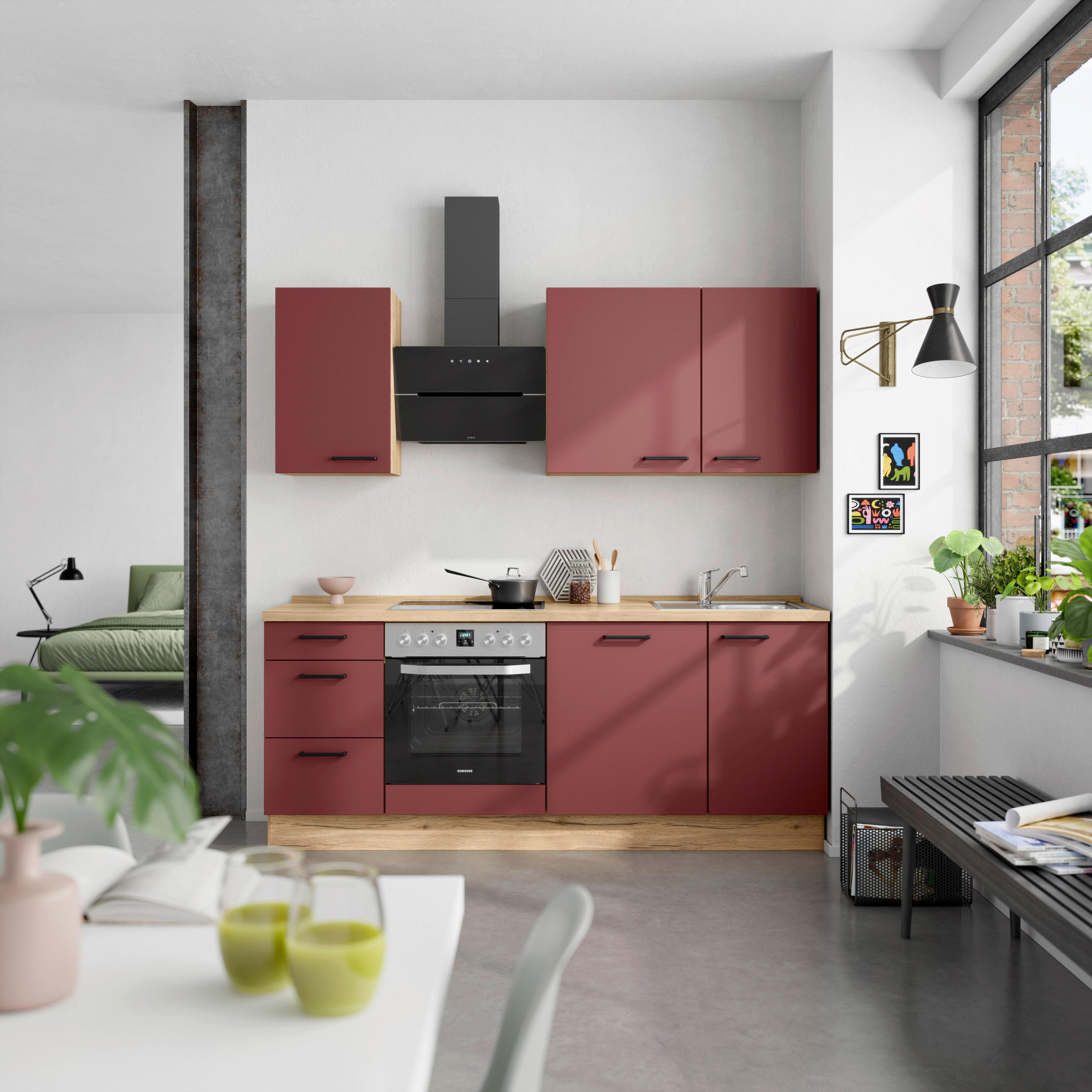 KÜCHENLEERBLOCK 210 cm   in Rot, Eichefarben  - Eichefarben/Rot, MODERN, Holzwerkstoff/Metall (210cm) - Nobilia