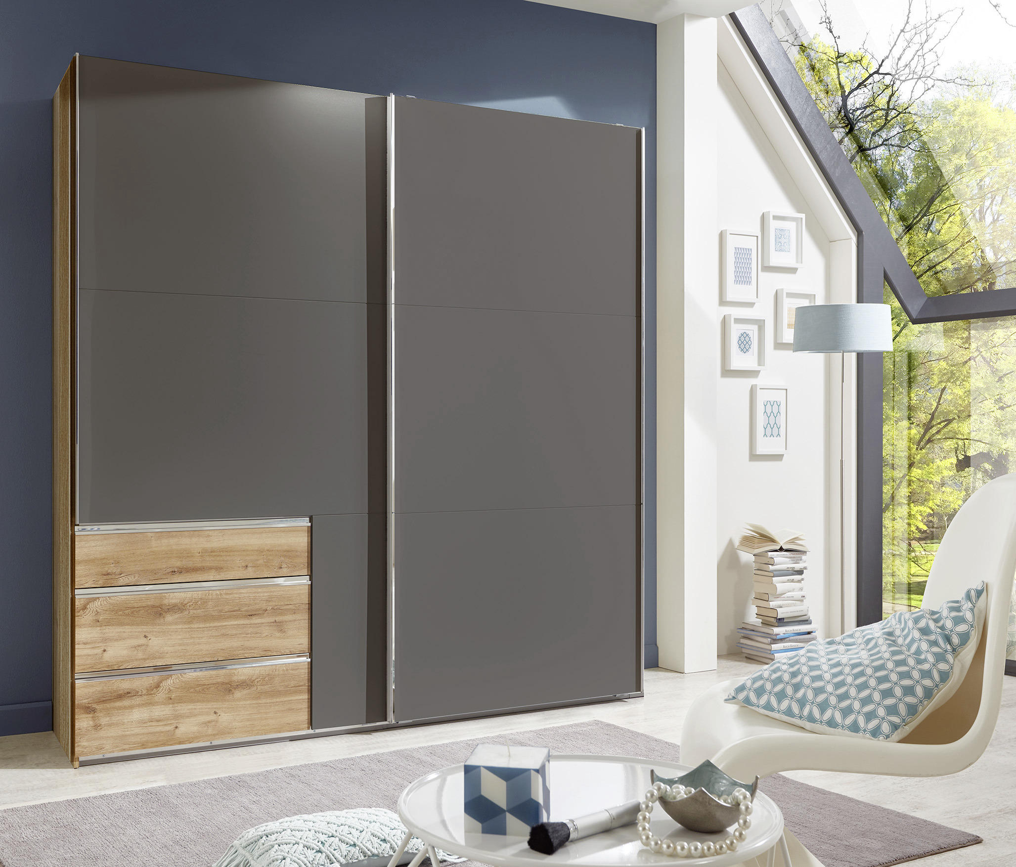 SCHWEBETÜRENSCHRANK in Graphitfarben, Eichefarben  - Chromfarben/Eichefarben, Modern, Holzwerkstoff/Metall (250/216/65cm) - MID.YOU