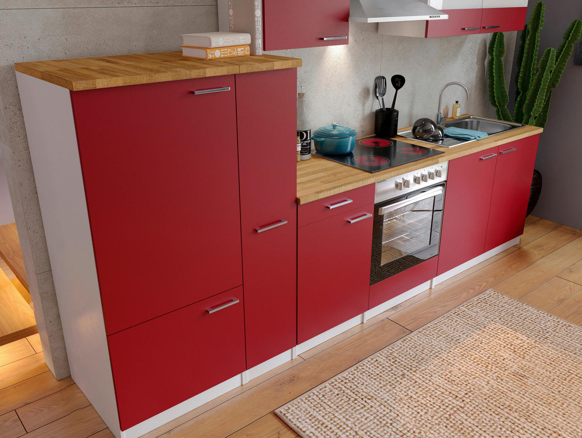 KÜCHENBLOCK 300 cm   in Rot  - Weiss/Edelstahlfarben, Basics, Holzwerkstoff/Metall (300cm) - Respekta
