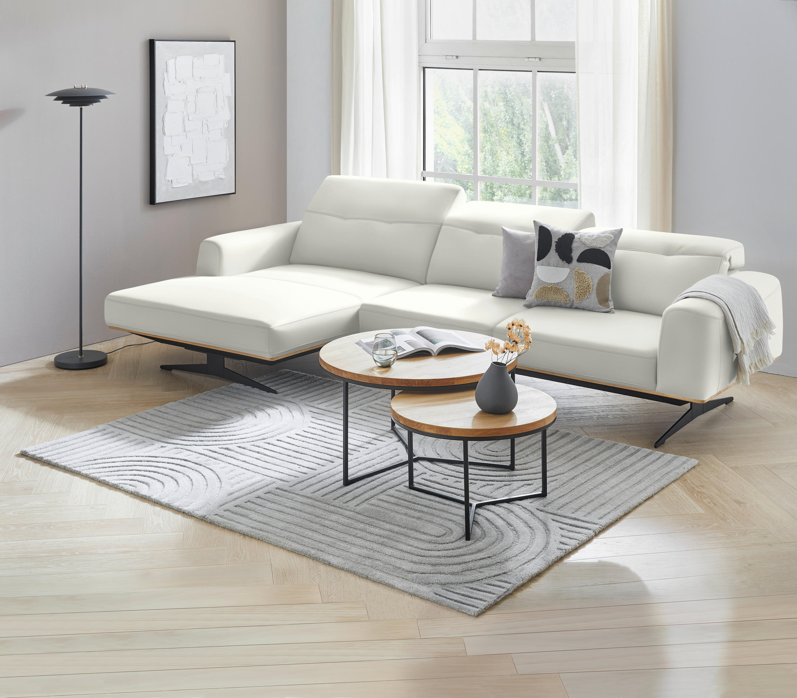 ECKSOFA in Echtleder Weiß  163/305 cm  - Eichefarben/Schwarz, Design, Leder/Holz (163/305cm) - Novel
