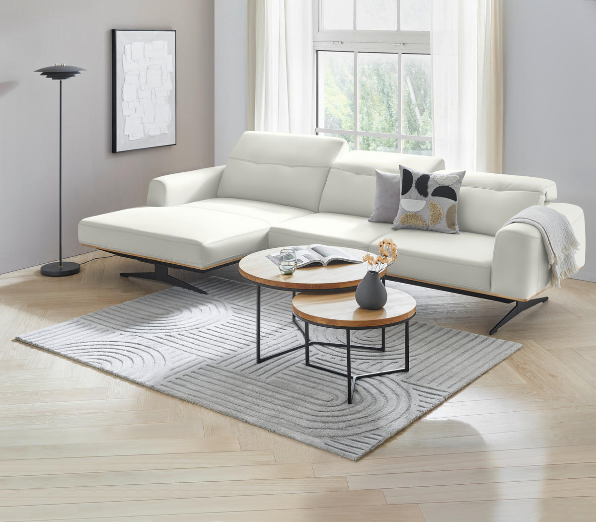 ECKSOFA in Echtleder Weiß  163/305 cm  - Eichefarben/Schwarz, Design, Leder/Holz (163/305cm) - Novel