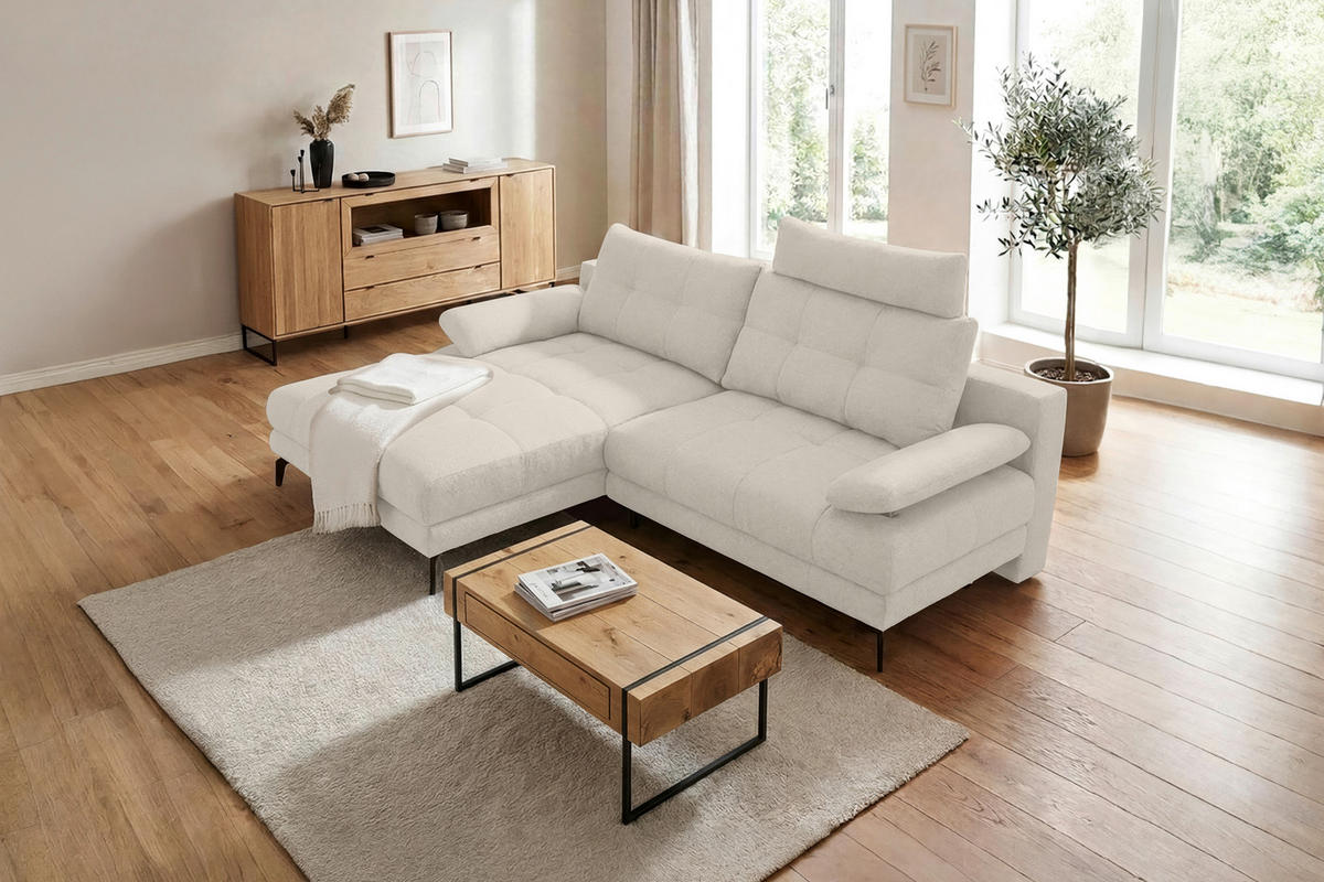 ECKSOFA Perlmutt Struktur Rückenkissen, Bettkasten, Schlaffunktion, Rücken echt, Armteilverstellung, Liegefläche im Originalstoff  - Beige/Perlmutt, MODERN, Textil/Metall (181/263cm) - Carryhome