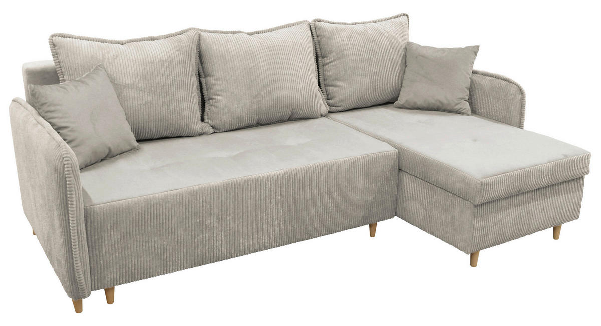 ECKSOFA TEDDY Grau Cord, Bouclé Zierkissen, Rückenkissen, Bettkasten  - Naturfarben/Grau, Design, Holz/Textil (215/142cm) - MID.YOU