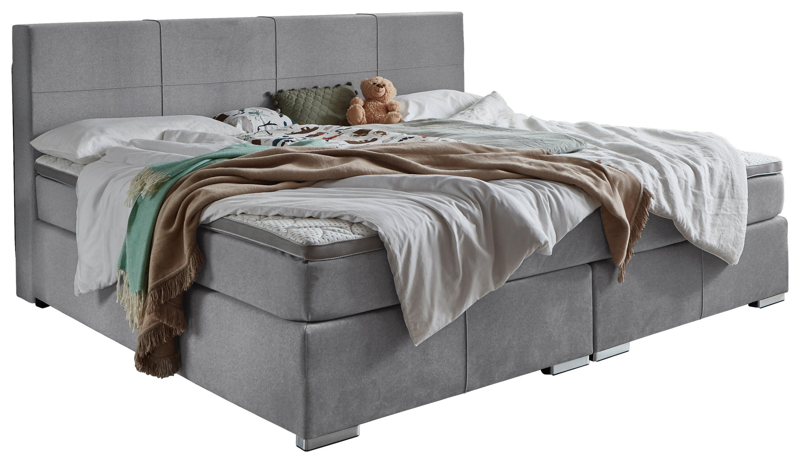 FAMILIENBOXSPRINGBETT 240/200 cm,  in Hellgrau, Topper, Matratzen, H2 + H3 = mittel + fest  - Chromfarben/Hellgrau, KONVENTIONELL, Holz/Kunststoff (240/200cm) - Boxxx