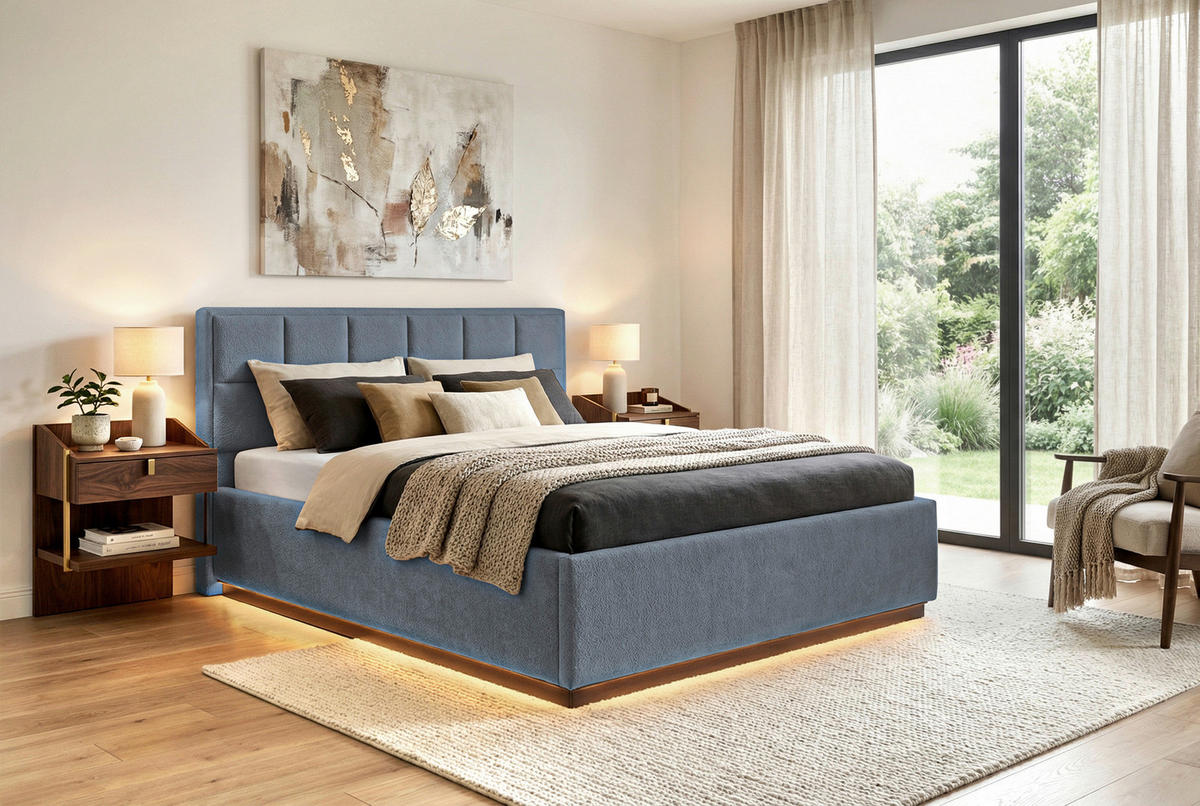 POLSTERBETT 140/200 cm,  in Dunkelgrau, gepolstertes Kopfteil, Beleuchtung, Lattenrost, Bettkasten,  - Dunkelgrau/Birkefarben, Design, Holz/Holzwerkstoff (140/200cm) - Chameo