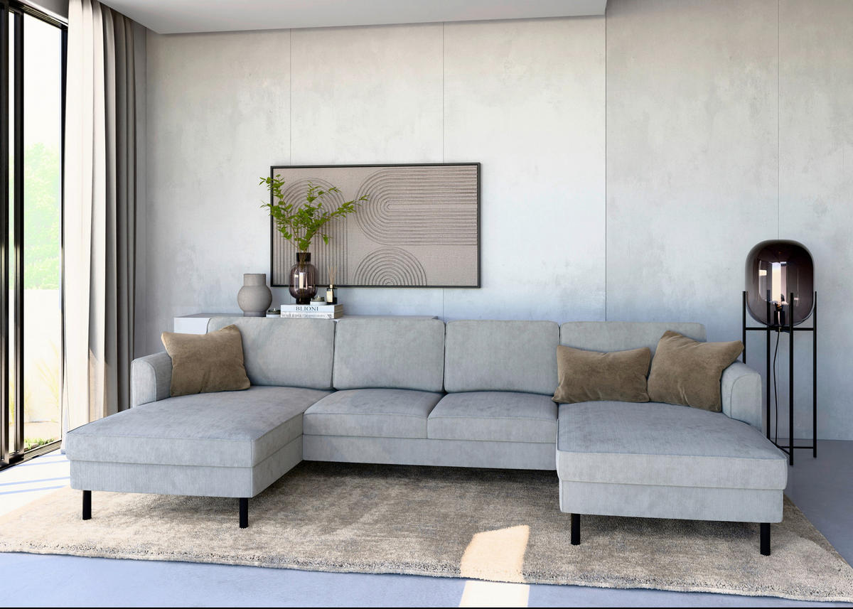 WOHNLANDSCHAFT Grau Cord  - Schwarz/Grau, MODERN, Textil/Metall (161/306/161cm) - Trendmanufaktur