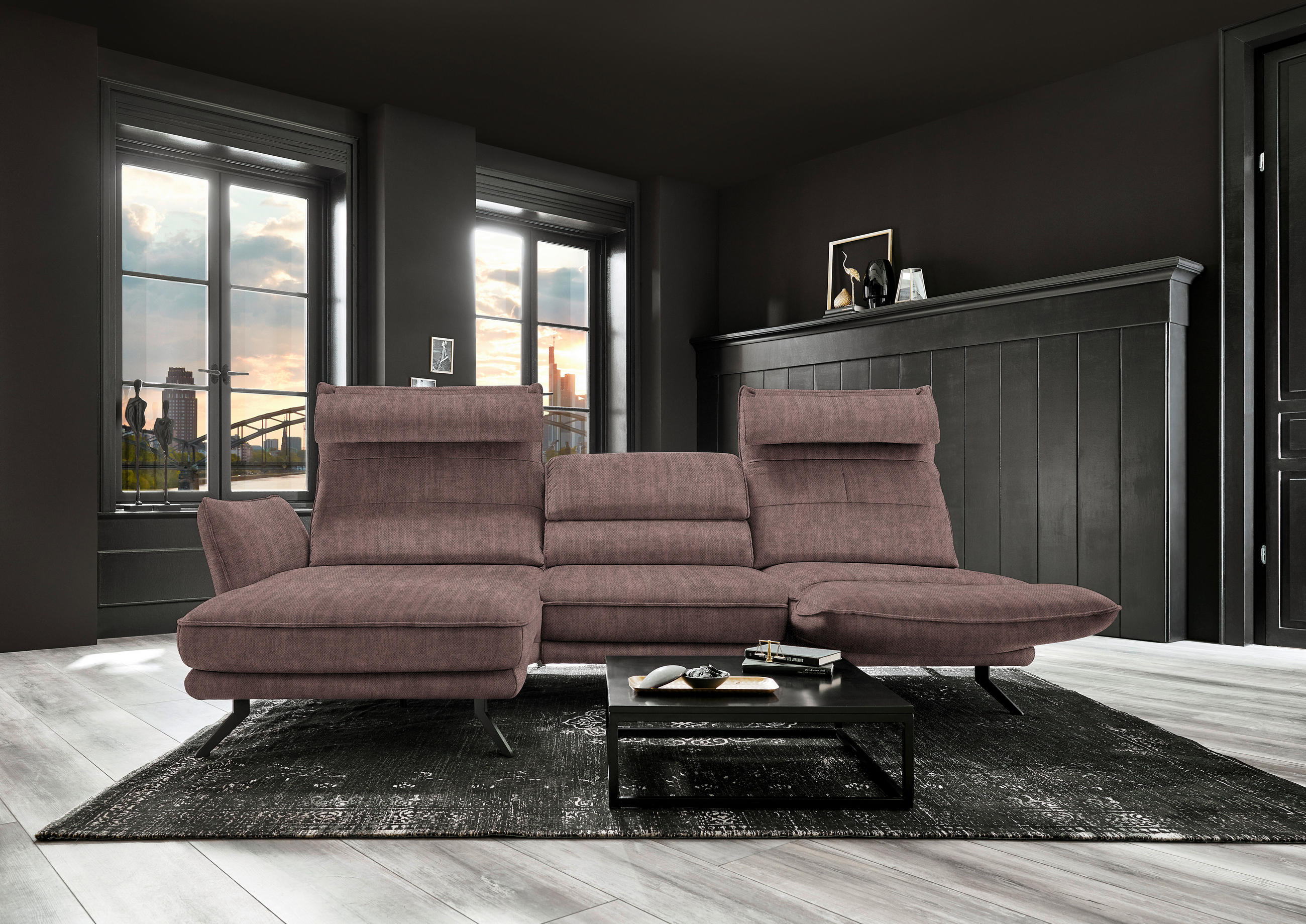ECKSOFA in Velours Braun  - Schwarz/Braun, Design, Textil/Metall (153/283cm) - Valdera
