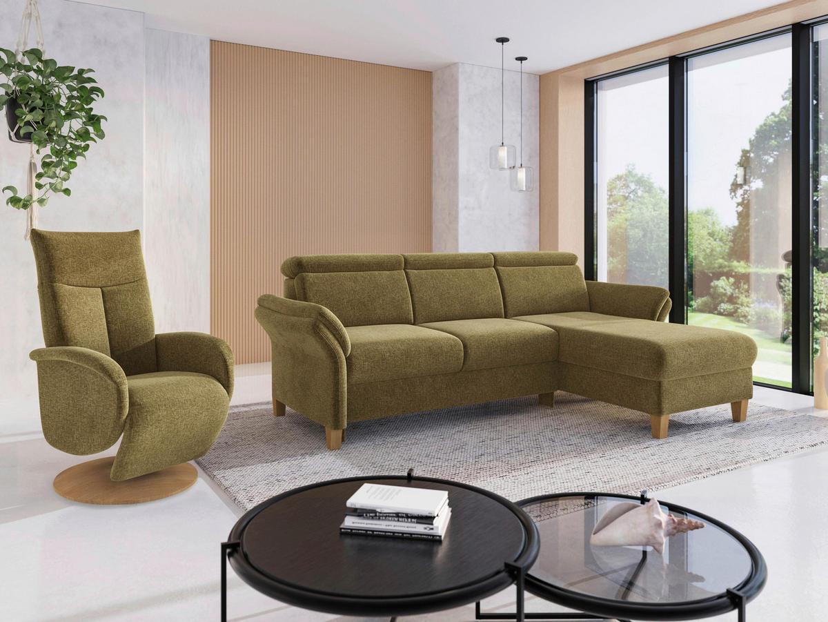 ECKSOFA GLENDALE E Olivgrün Flachgewebe  - Eichefarben/Olivgrün, KONVENTIONELL, Holz/Textil (253/166cm) - Sit & More