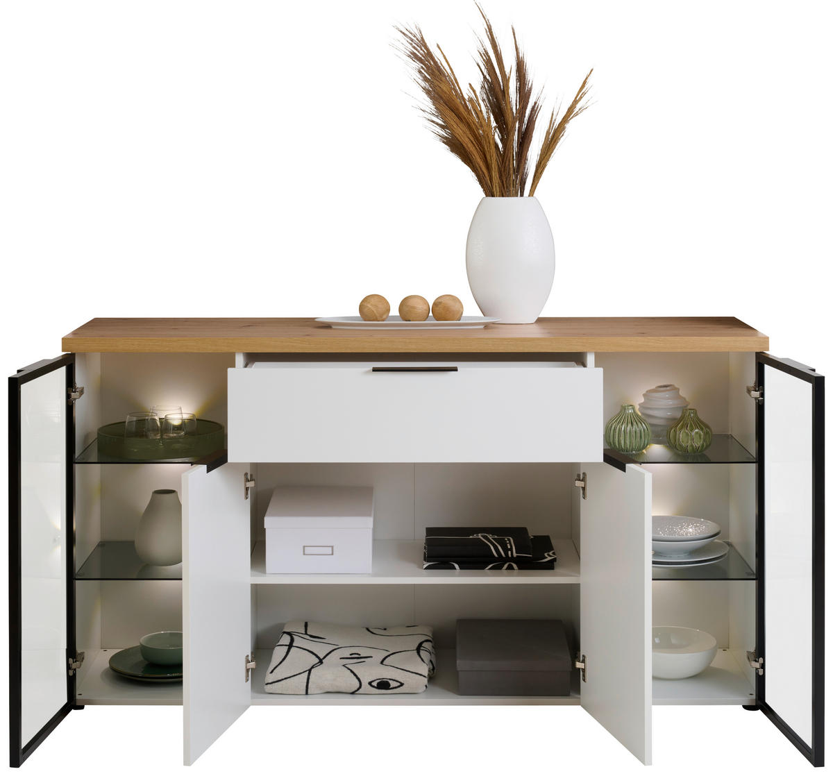 SIDEBOARD Weiss, Eiche Artisan  160/90/43 cm  - Weiss/Eichefarben, Design, Glas/Holzwerkstoff (160/90/43cm) - Stylife