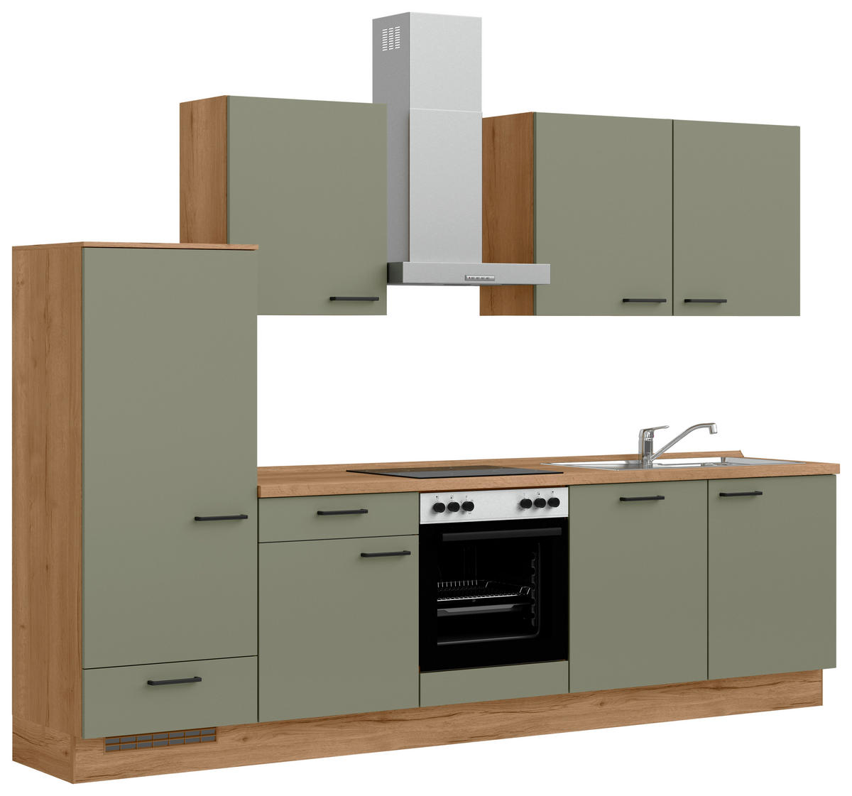 KÜCHENBLOCK Senso 300 cm  in Eichefarben, Olivgrün  - Eichefarben/Schwarz, MODERN, Holzwerkstoff/Metall (300cm) - Nobilia