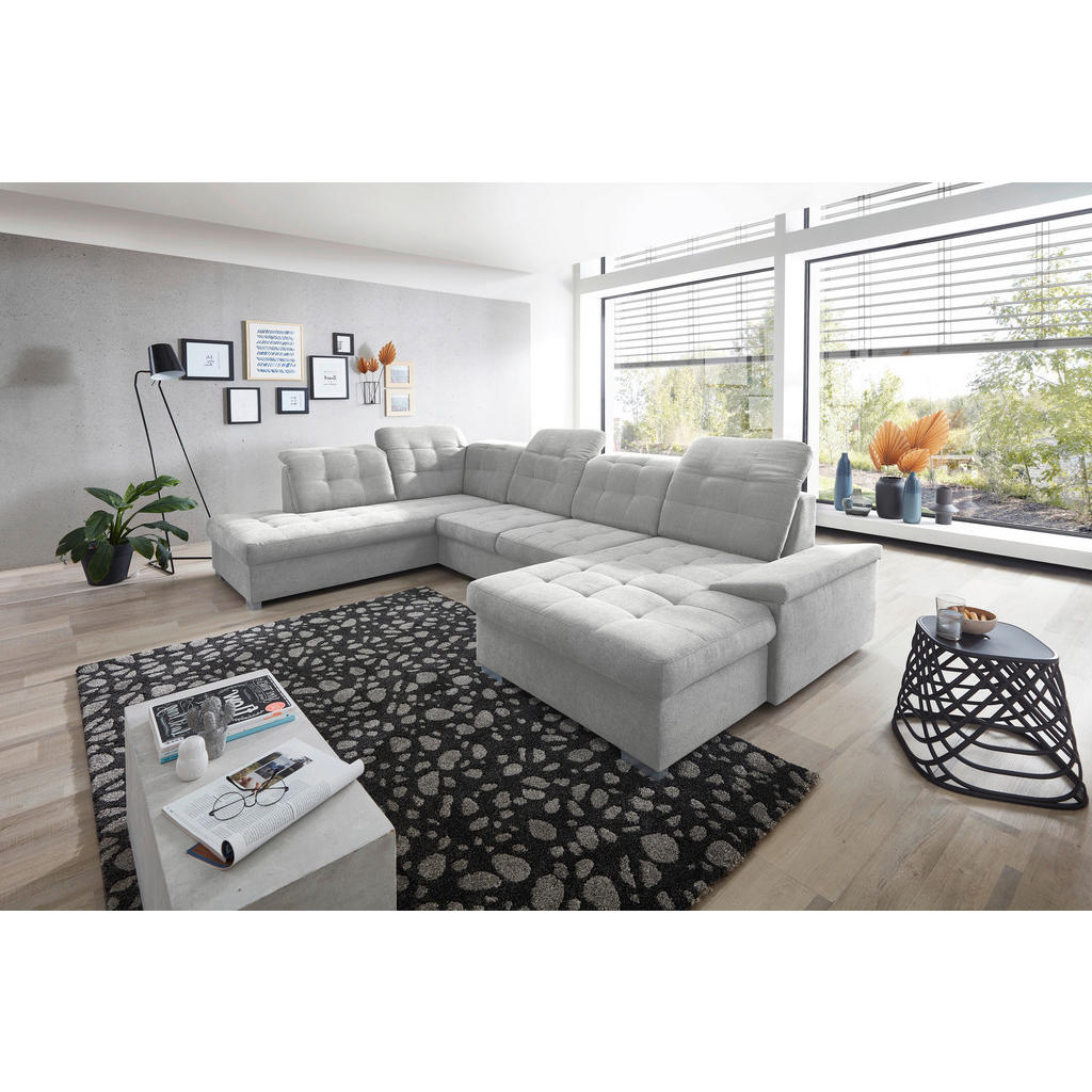 Thumbnail - Livetastic Wohnlandschaft, Silber, Textil, Uni, 6-Sitzer, Ottomane links, U-Form, 330x212 cm, Made in EU, Liegefunktion,...