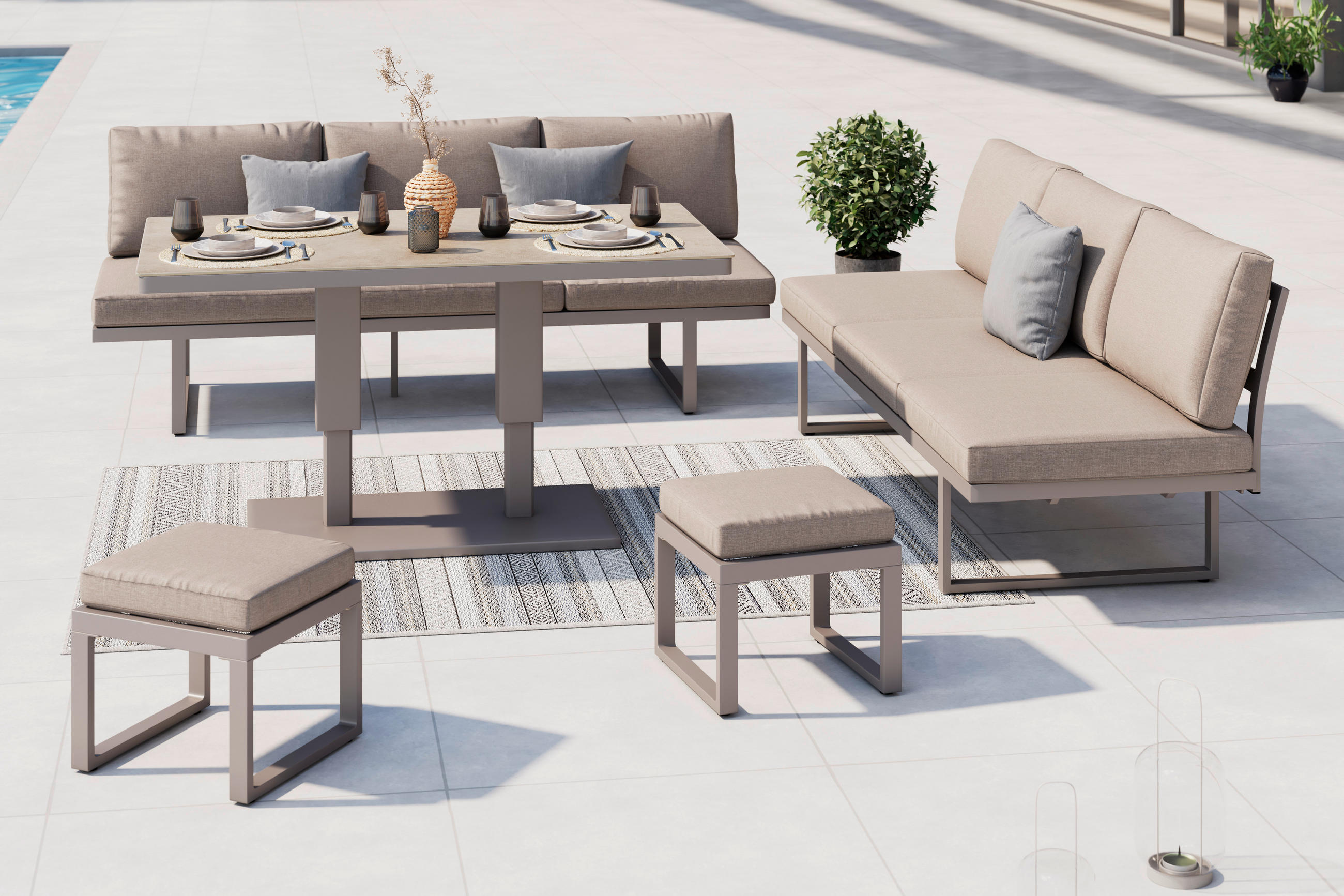 DINING-LOUNGESET 5-teilig  - Beige/Hellgrau, MODERN, Glas/Textil - Ambia Garden