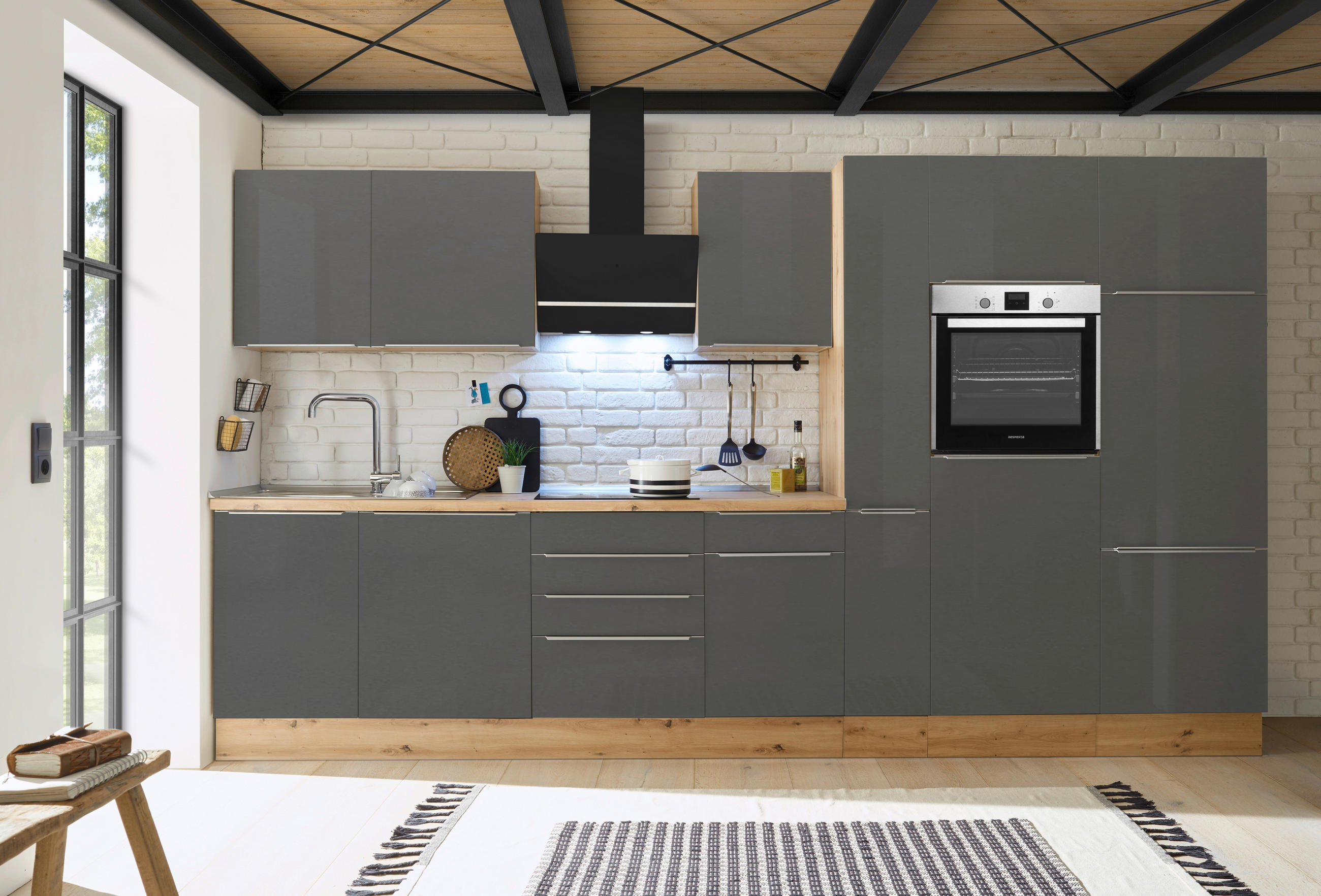KÜCHENBLOCK 370 cm   in Anthrazit, Grau, Eiche Artisan  - Anthrazit/Alufarben, LIFESTYLE, Holzwerkstoff/Kunststoff (370cm) - Respekta