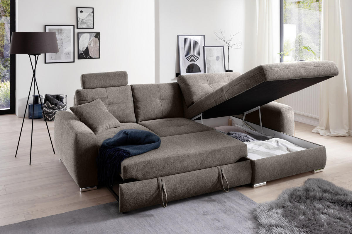 ECKSOFA in Mikrofaser Braun  276/193 cm  - Chromfarben/Braun, MODERN, Kunststoff/Textil (276/193cm) - Hom`in