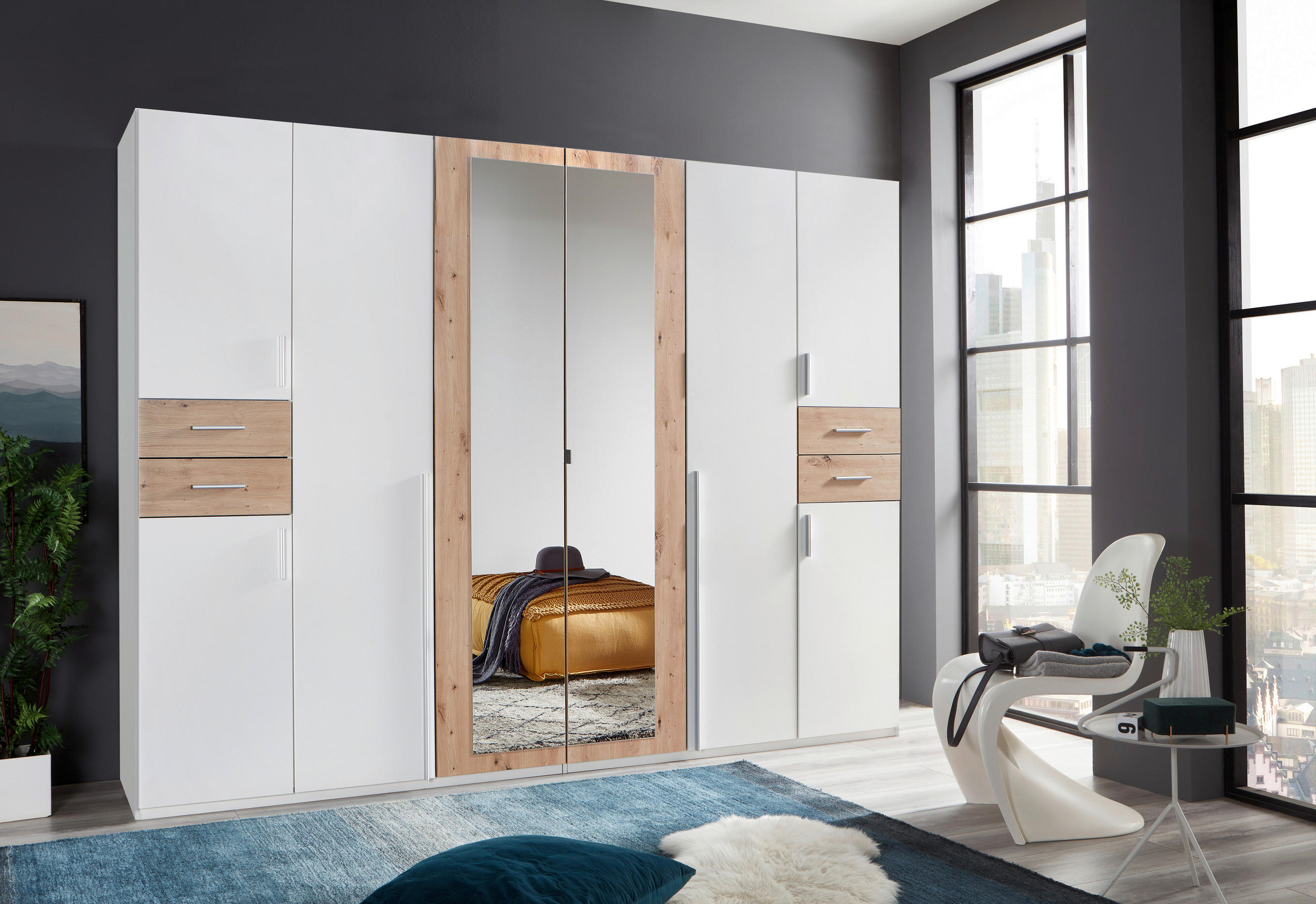 DREHTÜRENSCHRANK in Weiss, Eiche Artisan  - Weiss/Silberfarben, Basics, Holzwerkstoff (270/208/58cm) - MID.YOU
