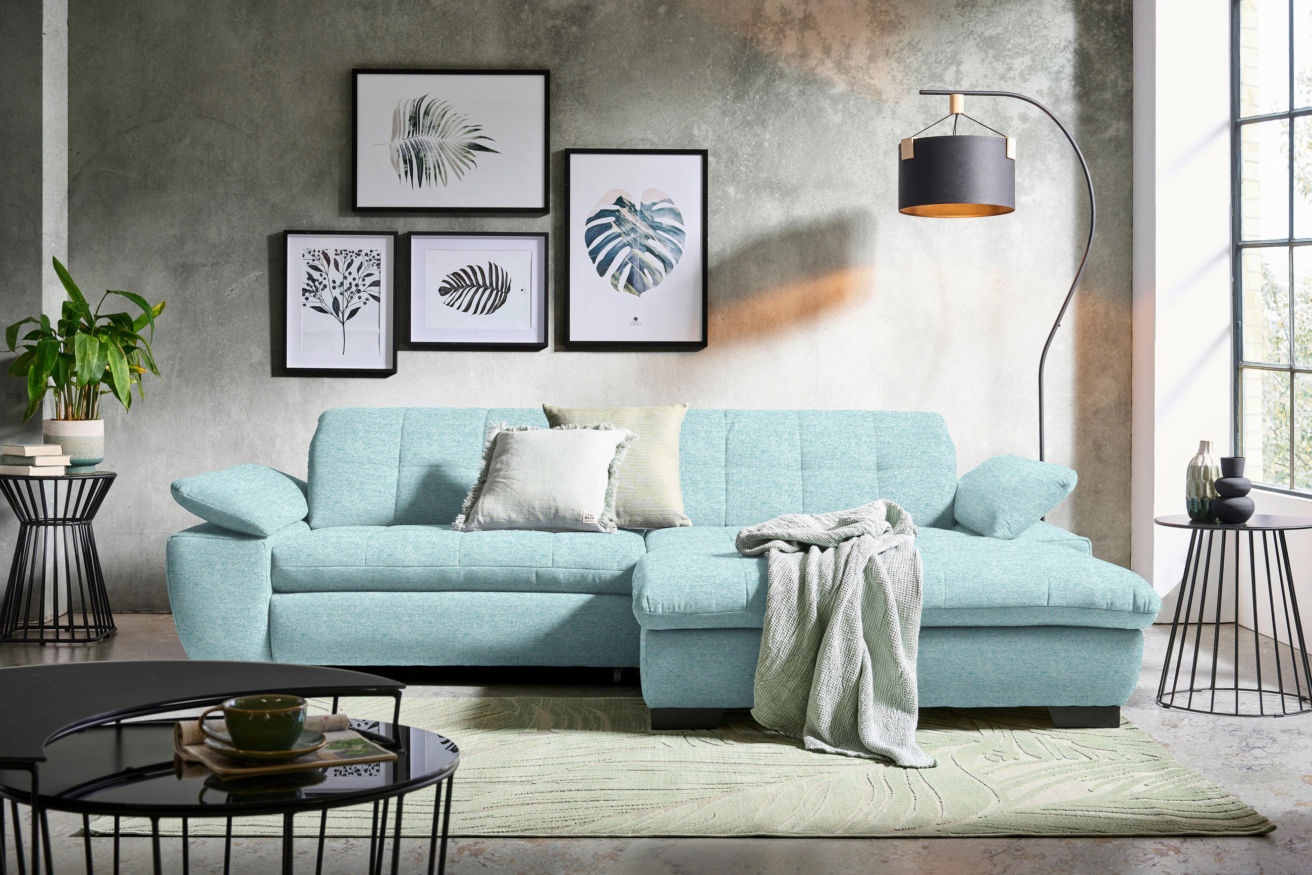 ECKSOFA in Webstoff Türkis  - Türkis/Schwarz, Design, Textil/Metall (265/180cm) - Carryhome