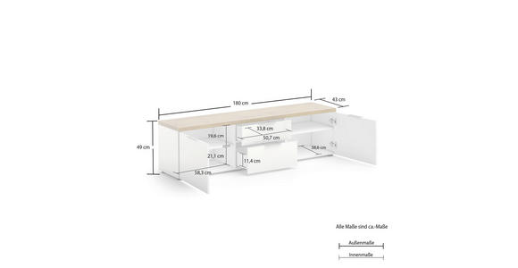 LOWBOARD 180/49/43 cm  - Eichefarben/Weiß Hochglanz, Design, Holzwerkstoff/Kunststoff (180/49/43cm) - Xora