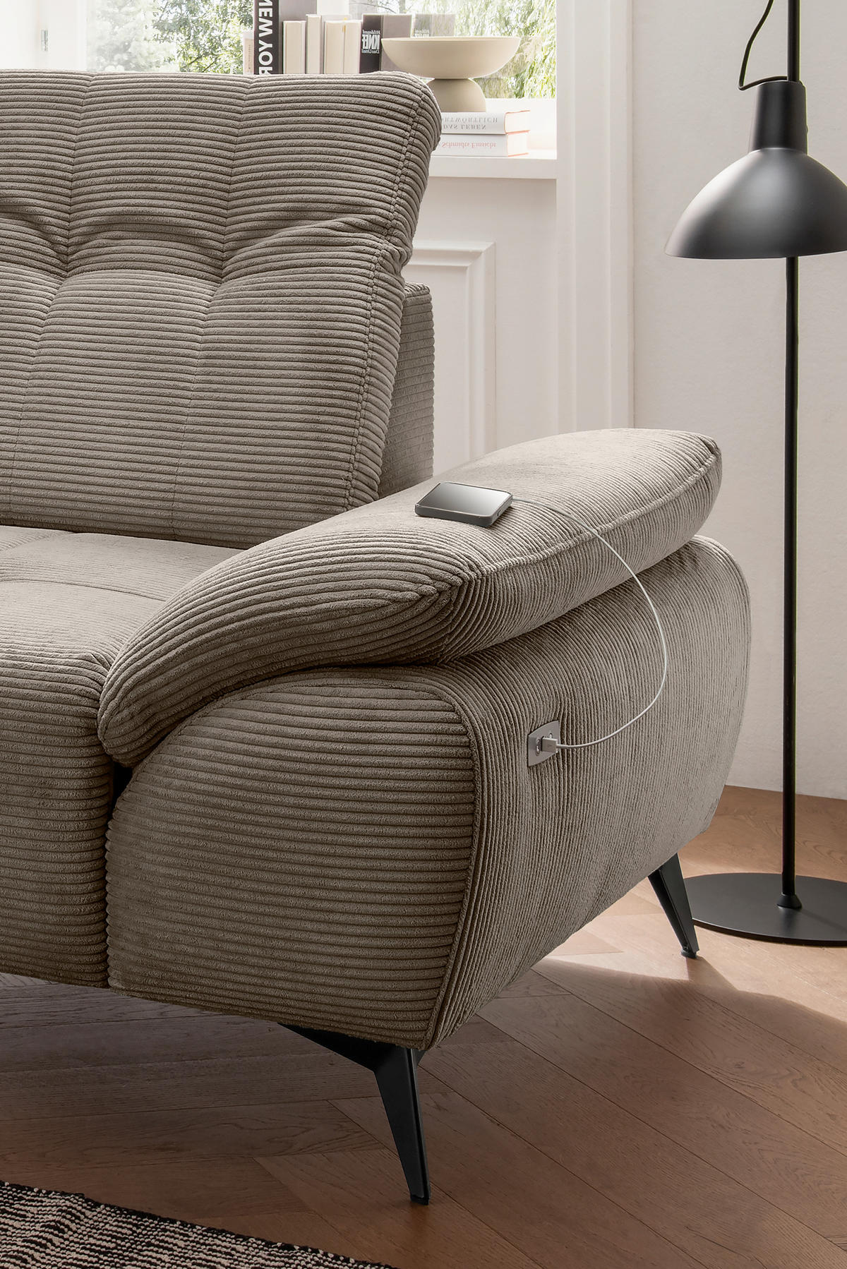 ECKSOFA Cord Graubraun  - Graubraun/Schwarz, Modern, Textil/Metall (180/280cm) - Livetastic