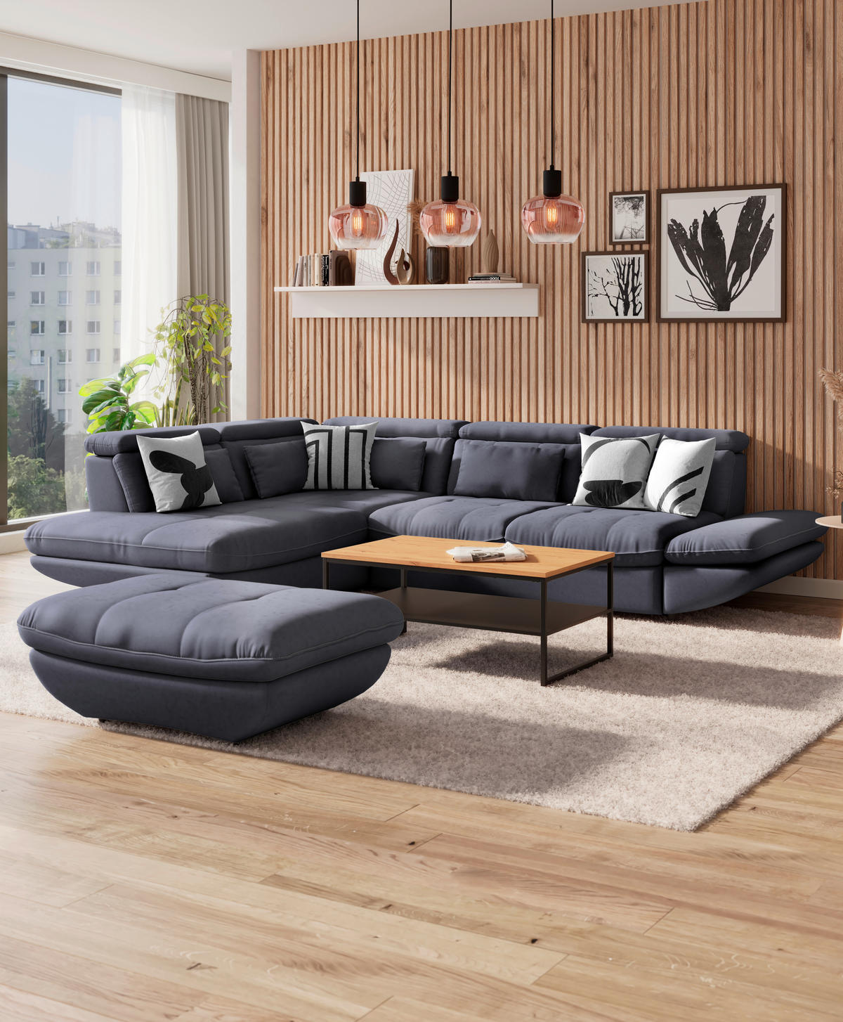 WOHNLANDSCHAFT in Mikrofaser Dunkelblau  - Schwarz/Dunkelblau, Modern, Kunststoff/Textil (311/233cm) - MID.YOU