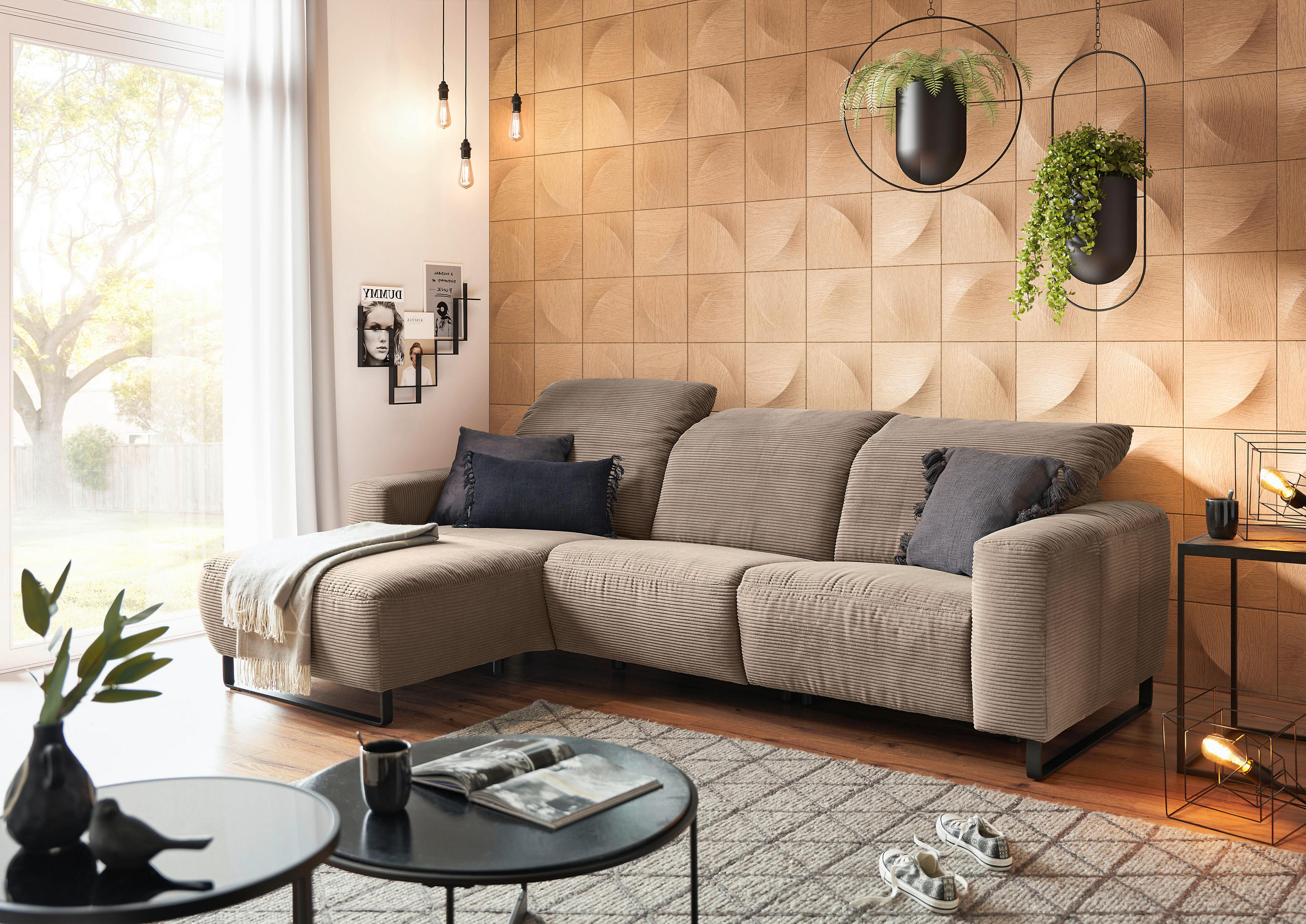 ECKSOFA in Cord Taupe  - Taupe/Schwarz, Konventionell, Textil/Metall (180/266cm) - Hom`in