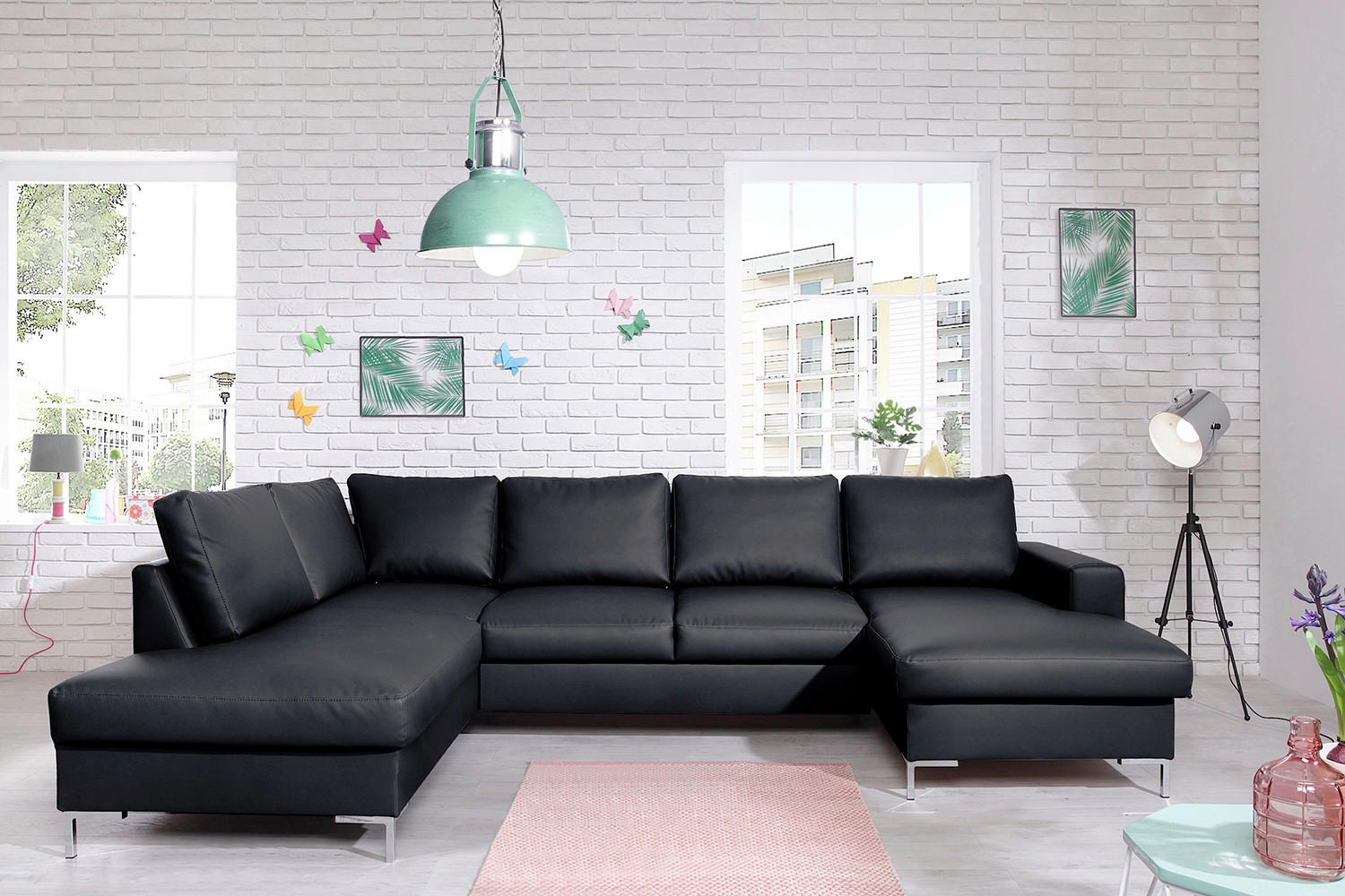 SOFFA i läderimitation svart  - silver/svart, Design, metall/läder (197/303/148cm) - MID.YOU