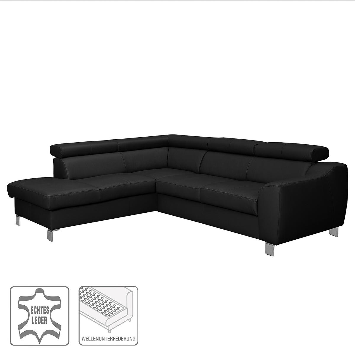 ECKSOFA in Lederlook Echtleder Schwarz  - Chromfarben/Schwarz, Design, Leder/Textil (208/245cm) - Livetastic