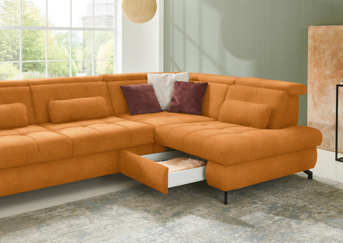 ECKSOFA in Chenille Orange  - Schwarz/Orange, Design, Textil/Metall (310/220cm) - Beldomo Style