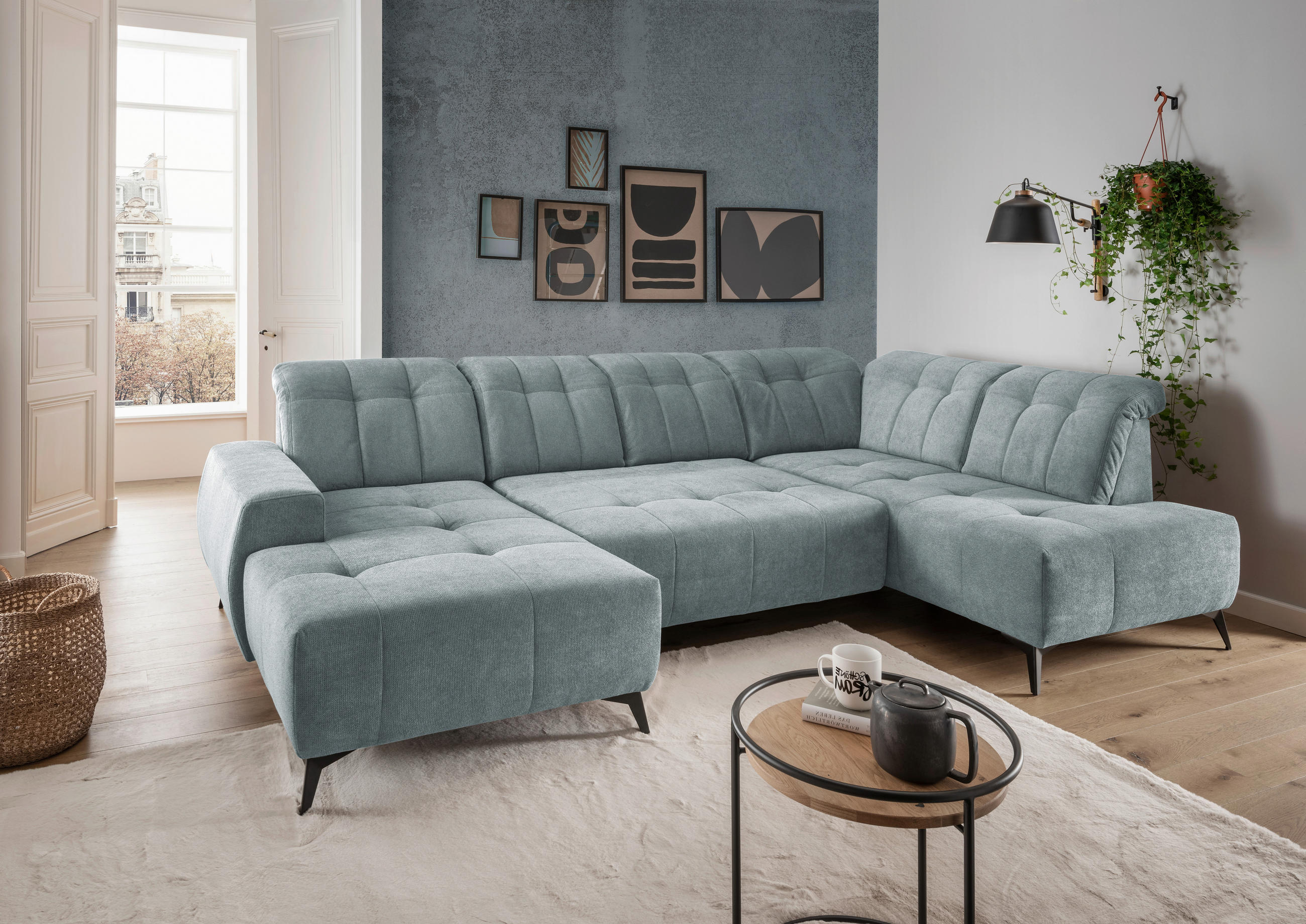 WOHNLANDSCHAFT SANO in Chenille Mintgrau  - Mintgrau/Schwarz, MODERN, Textil/Metall (200/337/180cm) - Livetastic