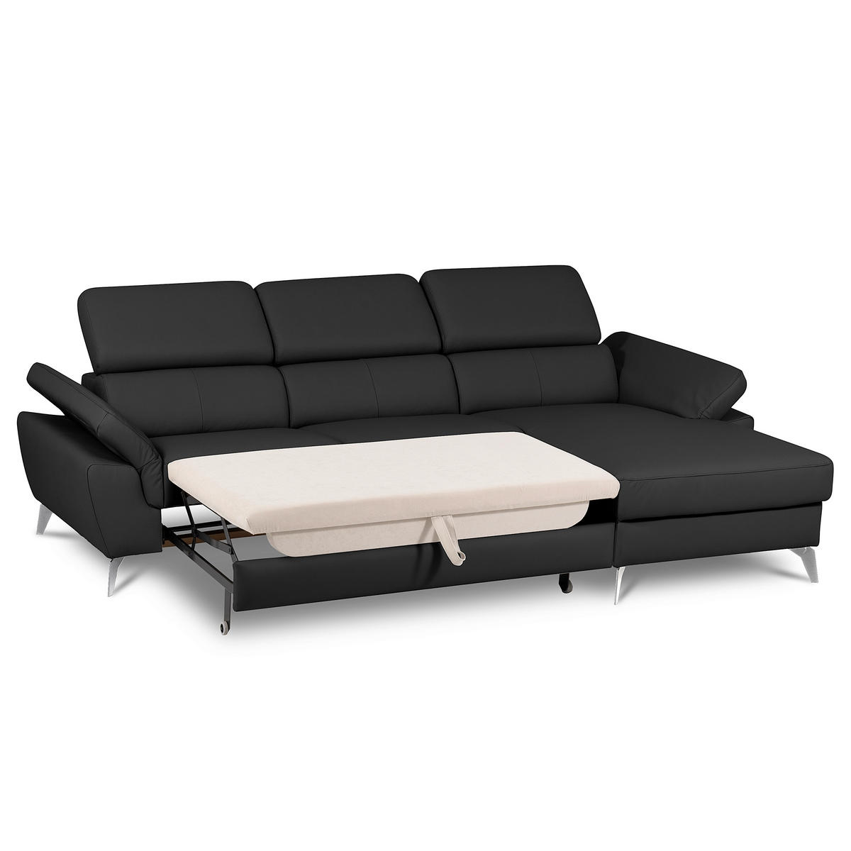 ECKSOFA Schwarz Echtleder Lederlook Bettkasten, Schlaffunktion, Rücken echt, Armteilverstellung, Kopfteilverstellung  - Chromfarben/Schwarz, Design, Leder/Textil (252/179cm) - Livetastic